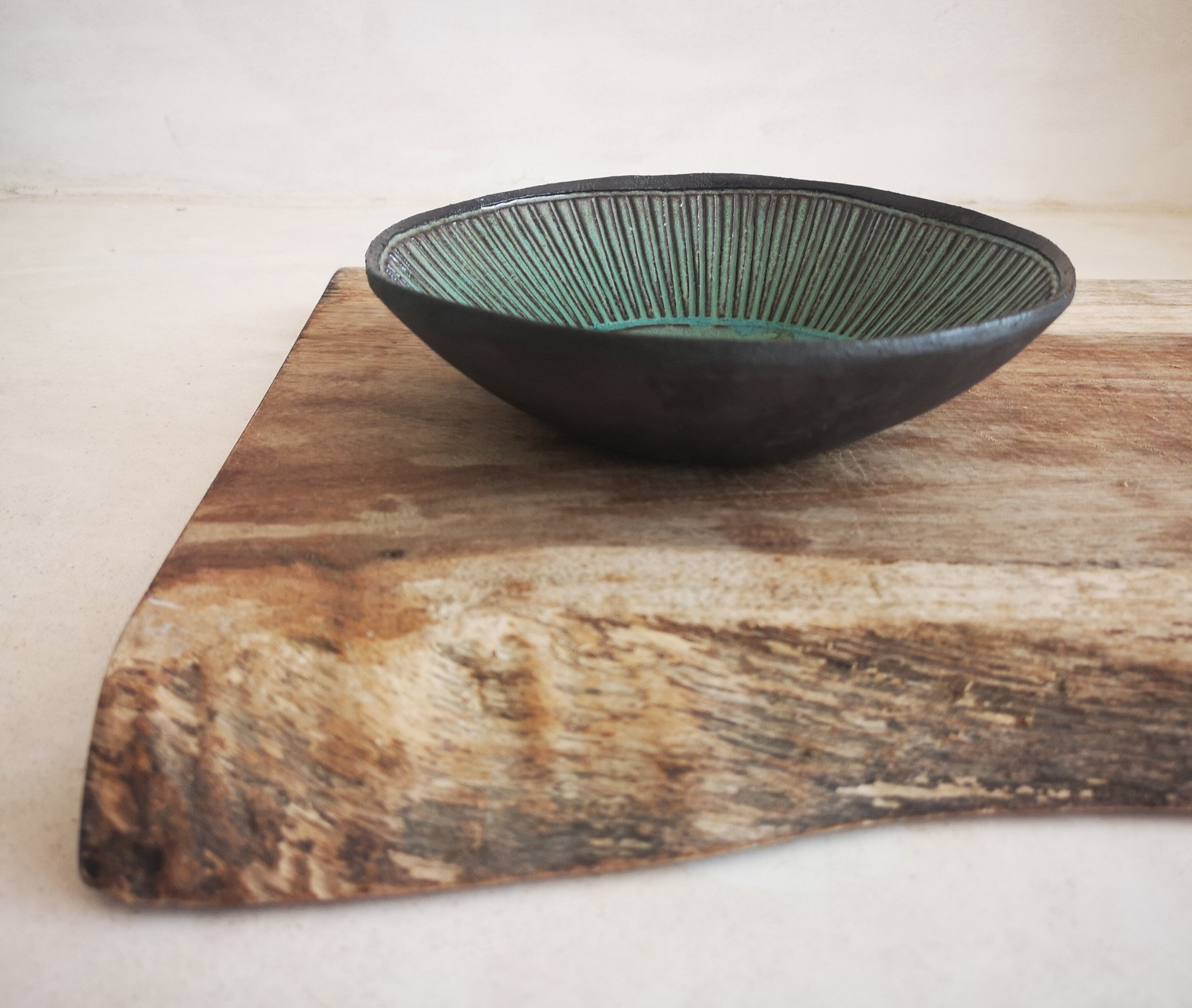 Set of 2 Turquoise Ceramic Bowls: Engraved Pottery Snack Dishes