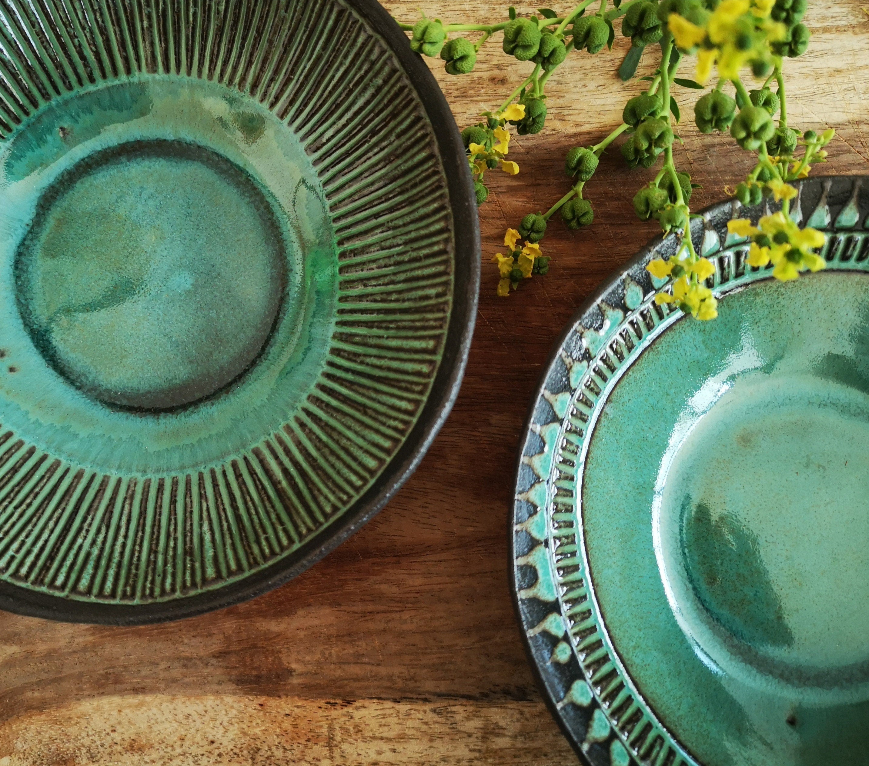 Set of 2 Turquoise Ceramic Bowls: Engraved Pottery Snack Dishes