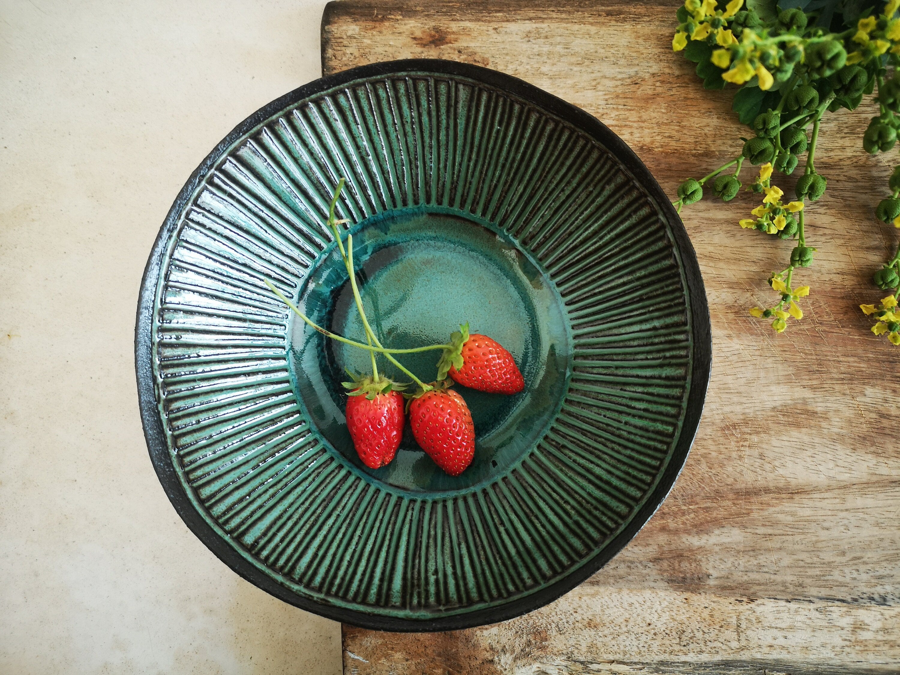 Set of 4 Turquoise Ceramic Bowls: Engraved Pottery Cereal Bowls