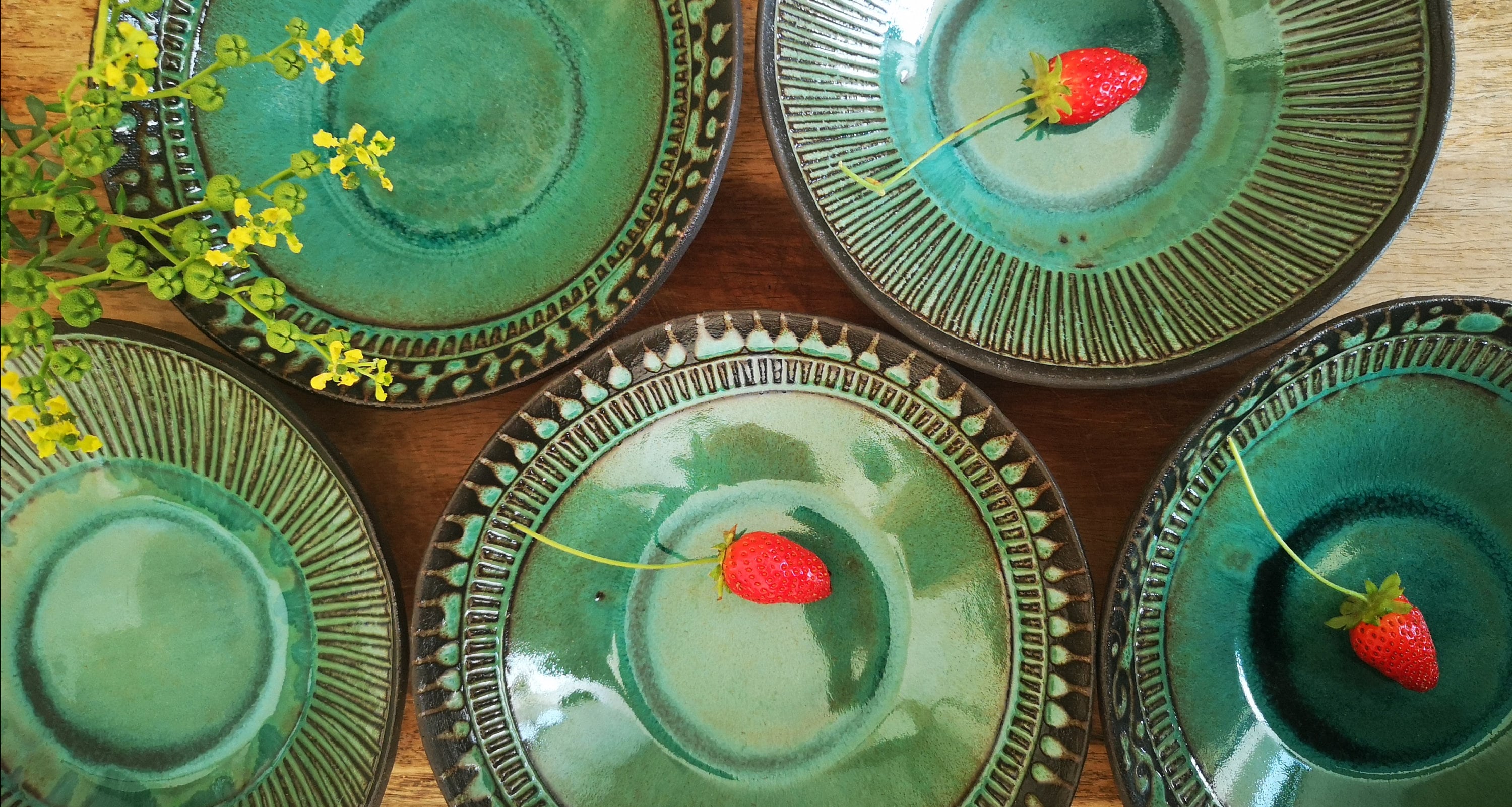 Set of 4 Turquoise Ceramic Bowls: Engraved Pottery Cereal Bowls