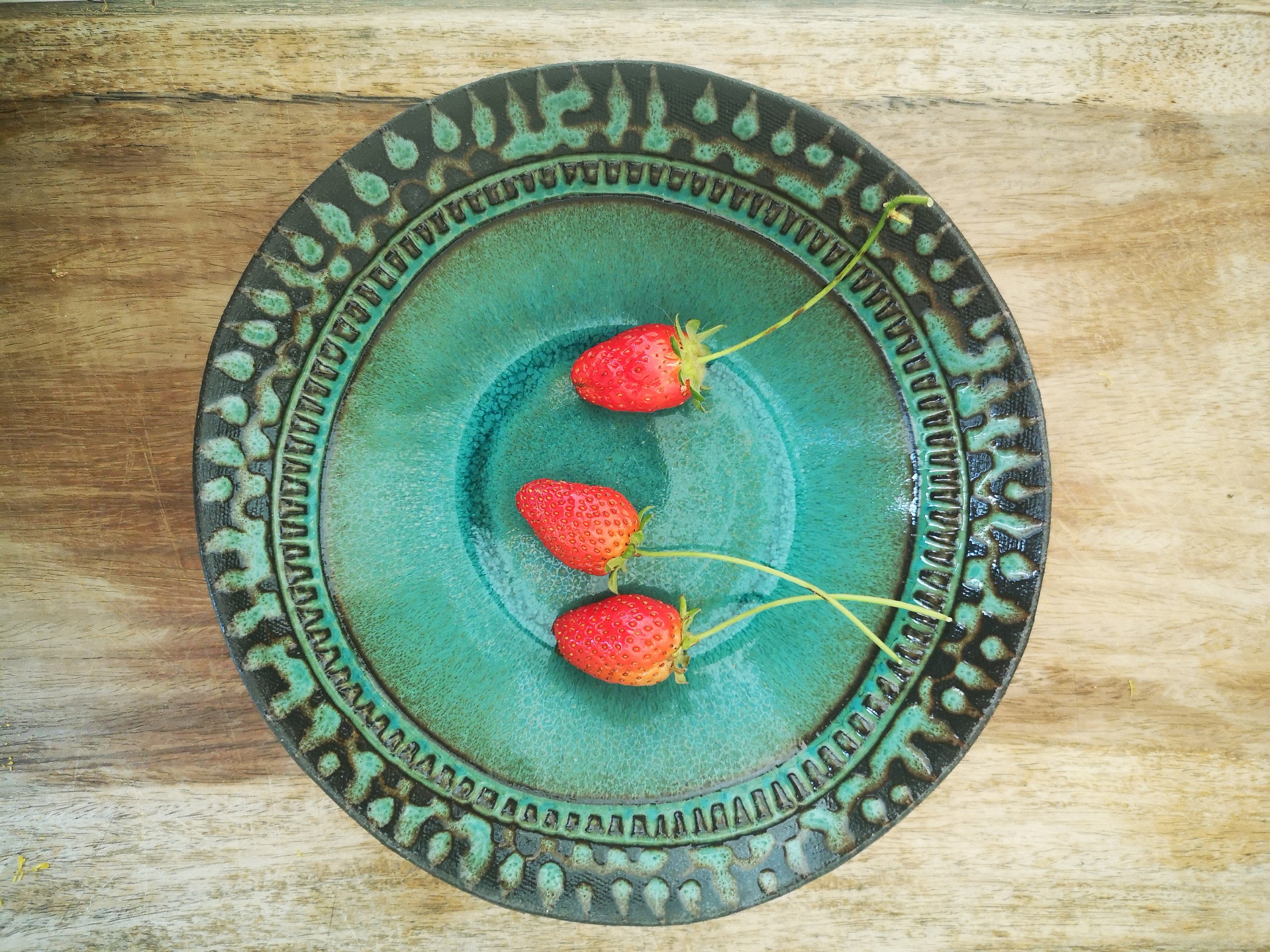 Set of 4 Turquoise Ceramic Bowls: Engraved Pottery Cereal Bowls
