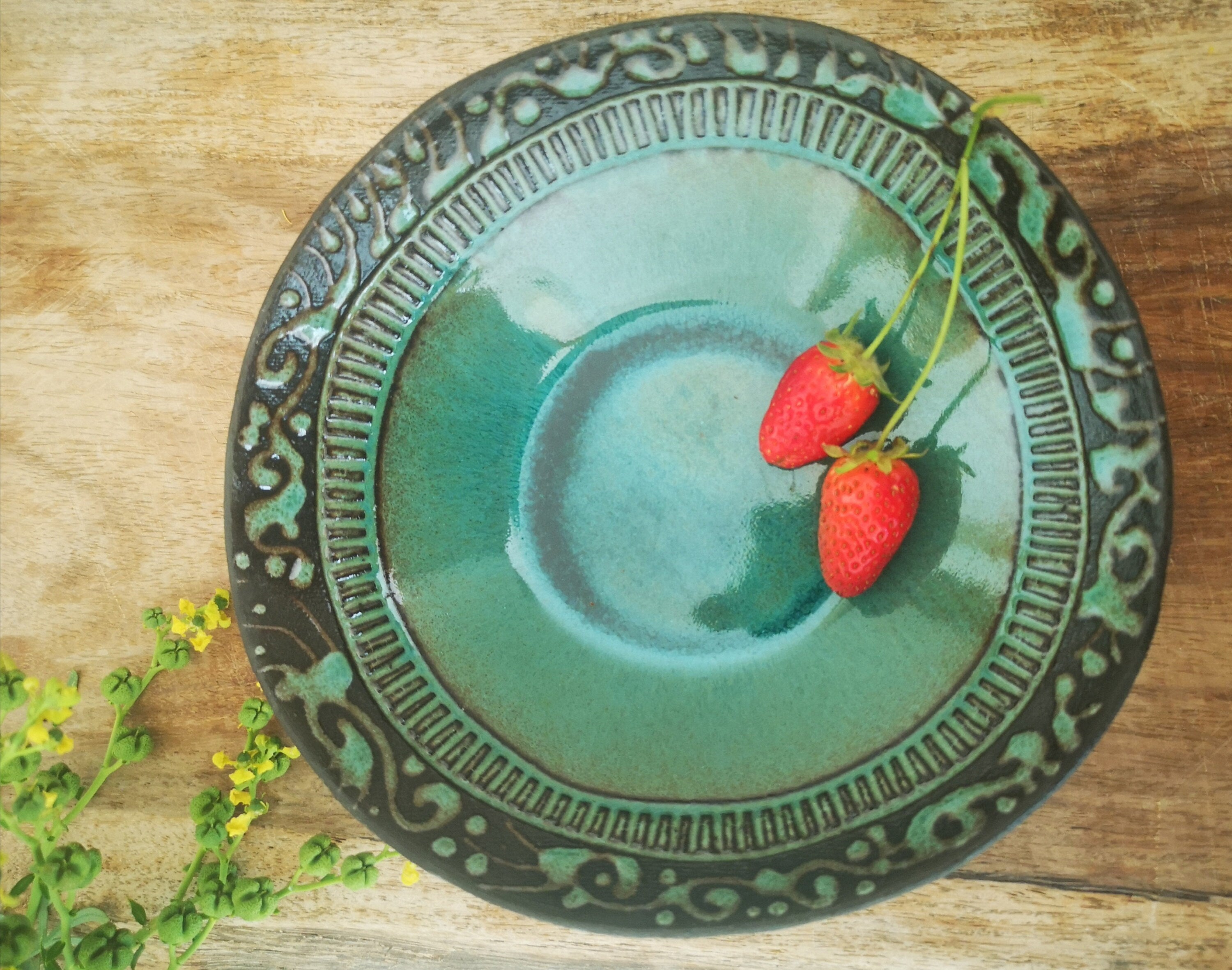 Set of 4 Turquoise Ceramic Bowls: Engraved Pottery Cereal Bowls