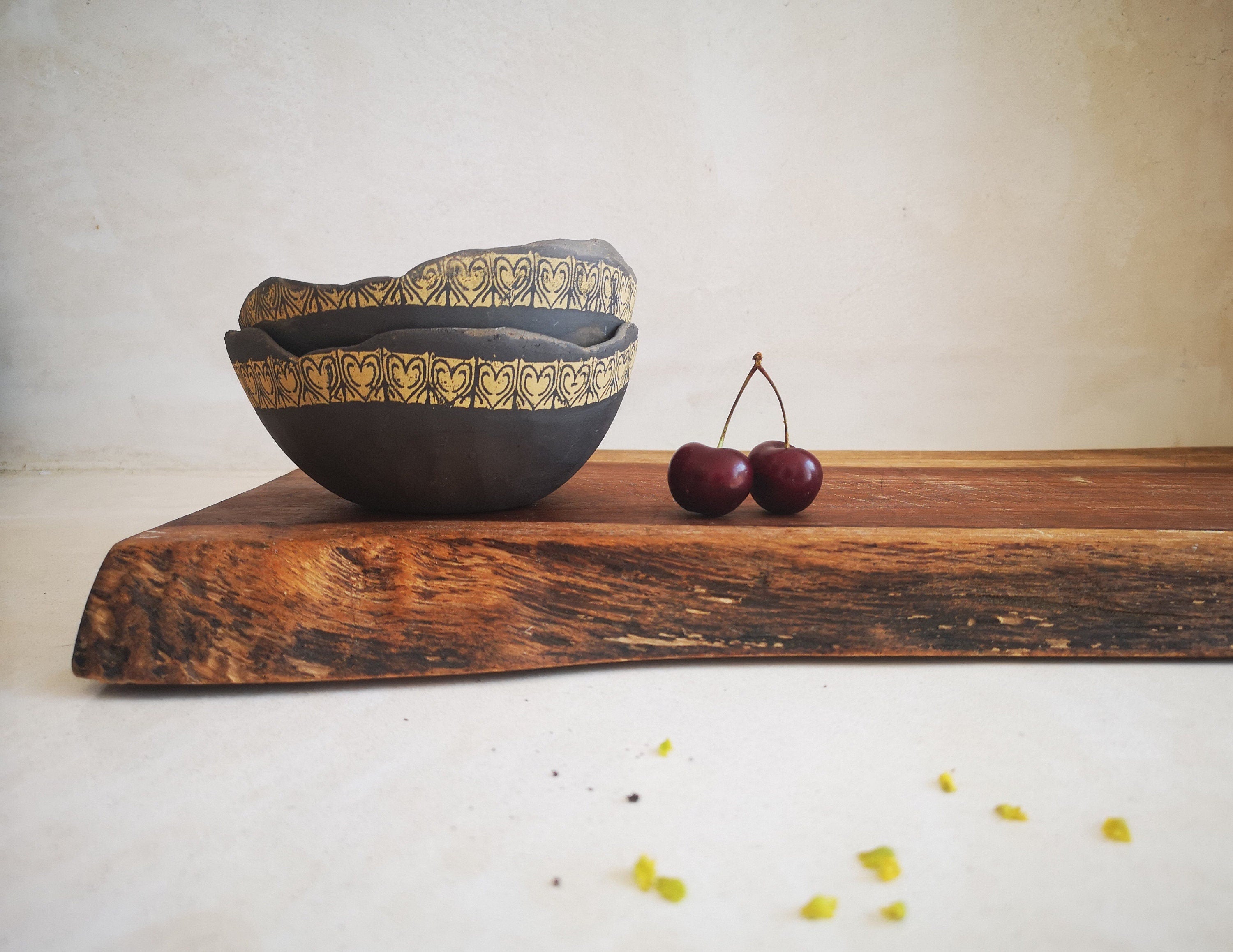 Ceramic Dipping Bowls Set: Handmade Pottery with Yellow Print