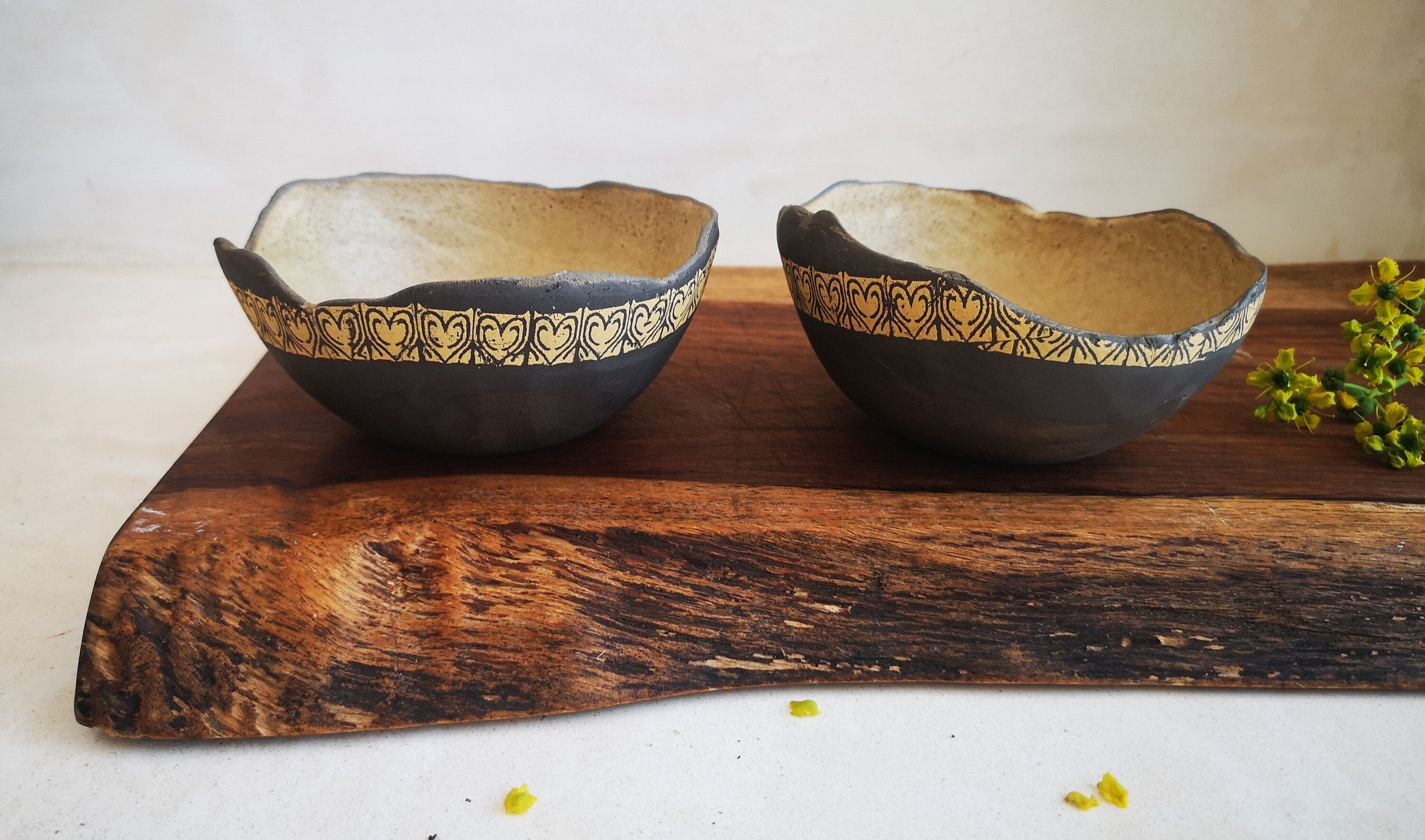 Ceramic Dipping Bowls Set: Handmade Pottery with Yellow Print