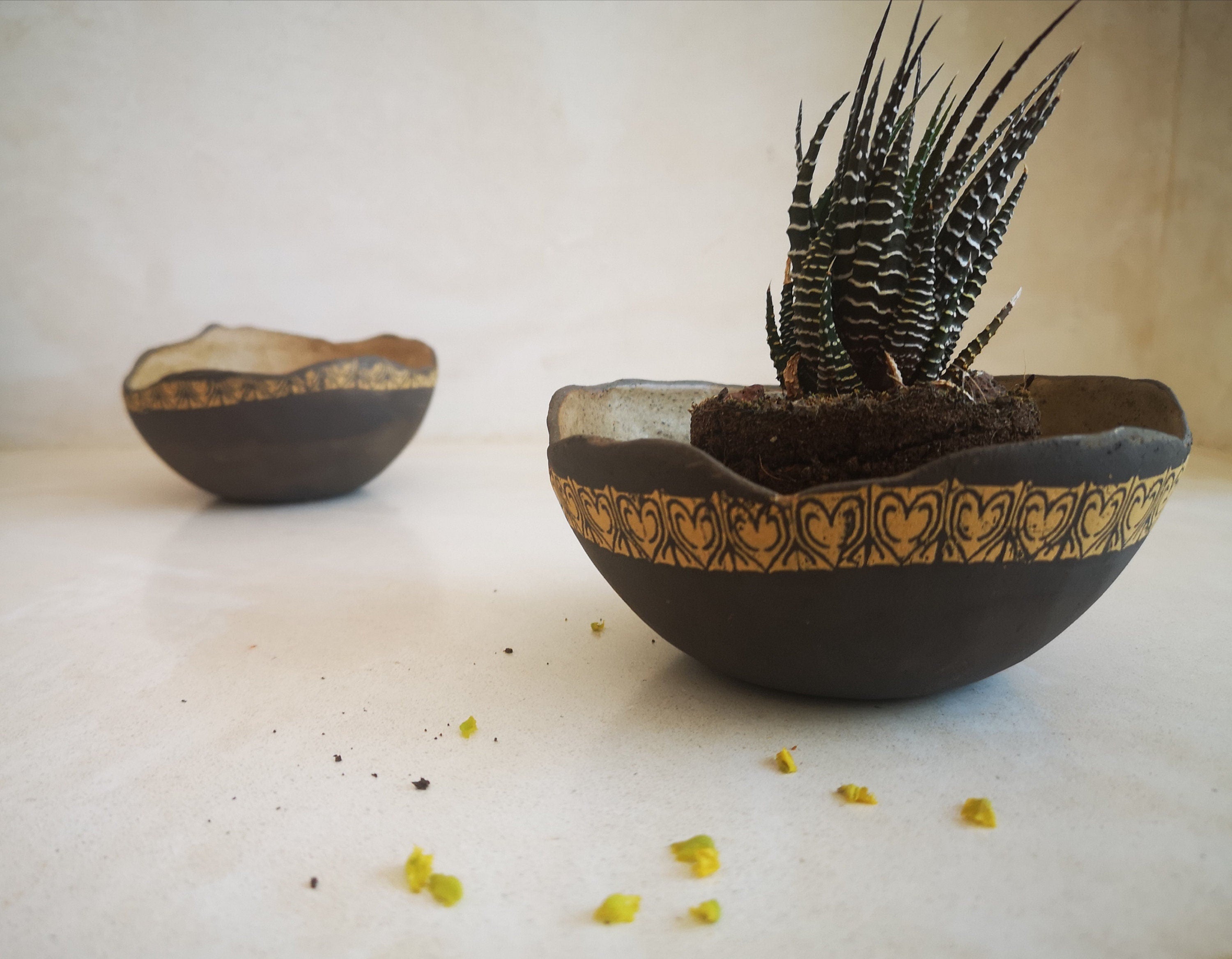 Ceramic Dipping Bowls Set: Handmade Pottery with Yellow Print