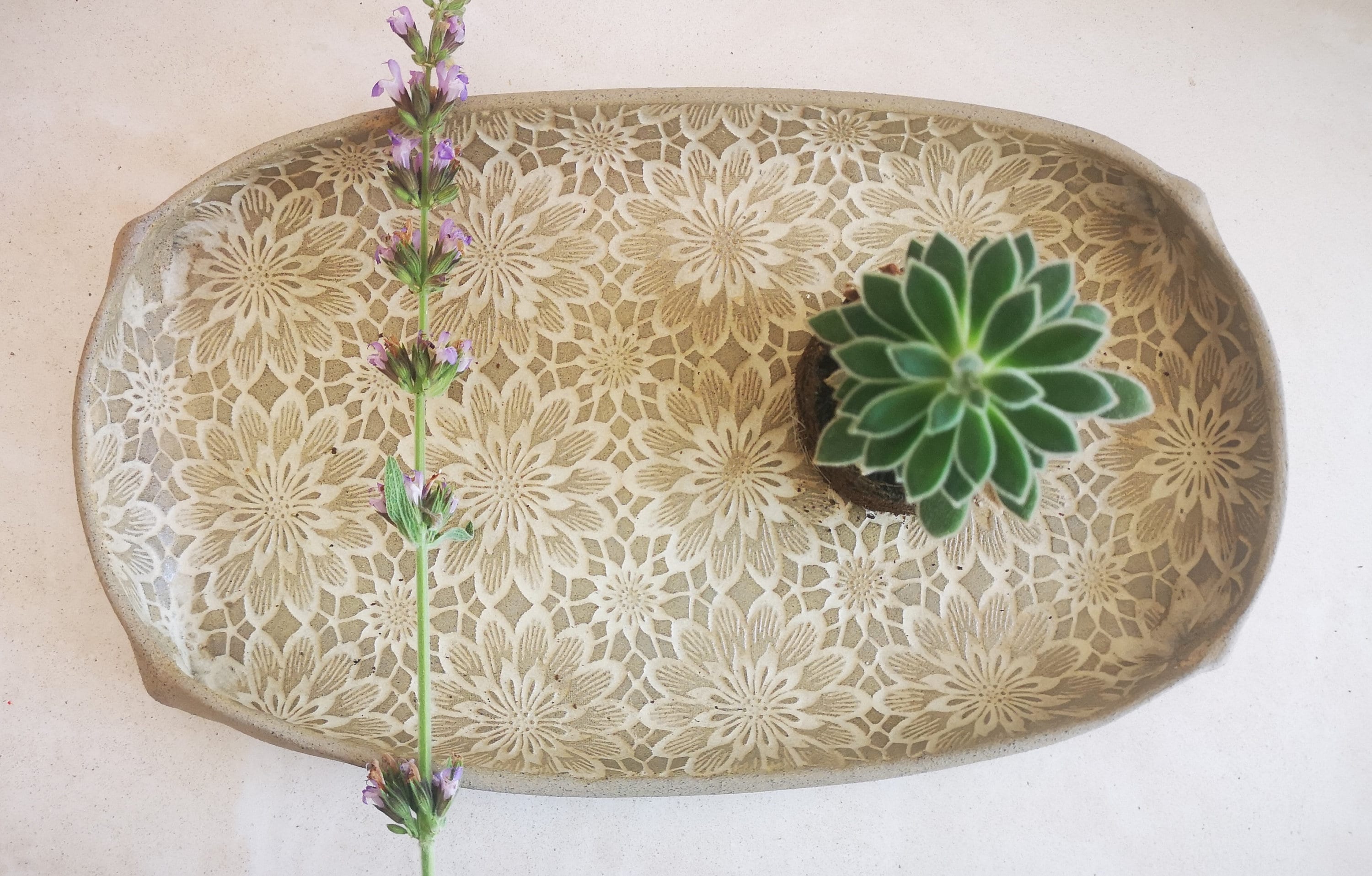 Ceramic serving tray, Pottery serving dish with floral decorations, Handmade pottery, Rustic Unique Serving Dish