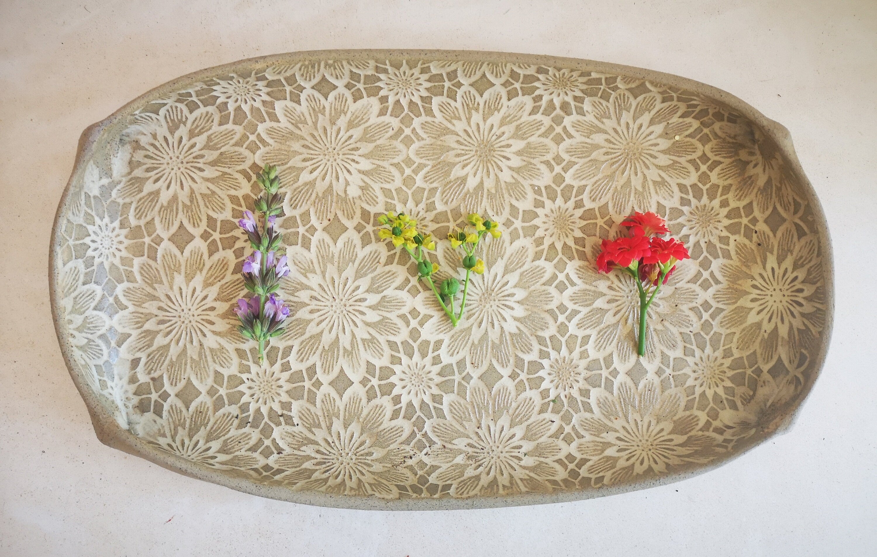 Ceramic serving tray, Pottery serving dish with floral decorations, Handmade pottery, Rustic Unique Serving Dish