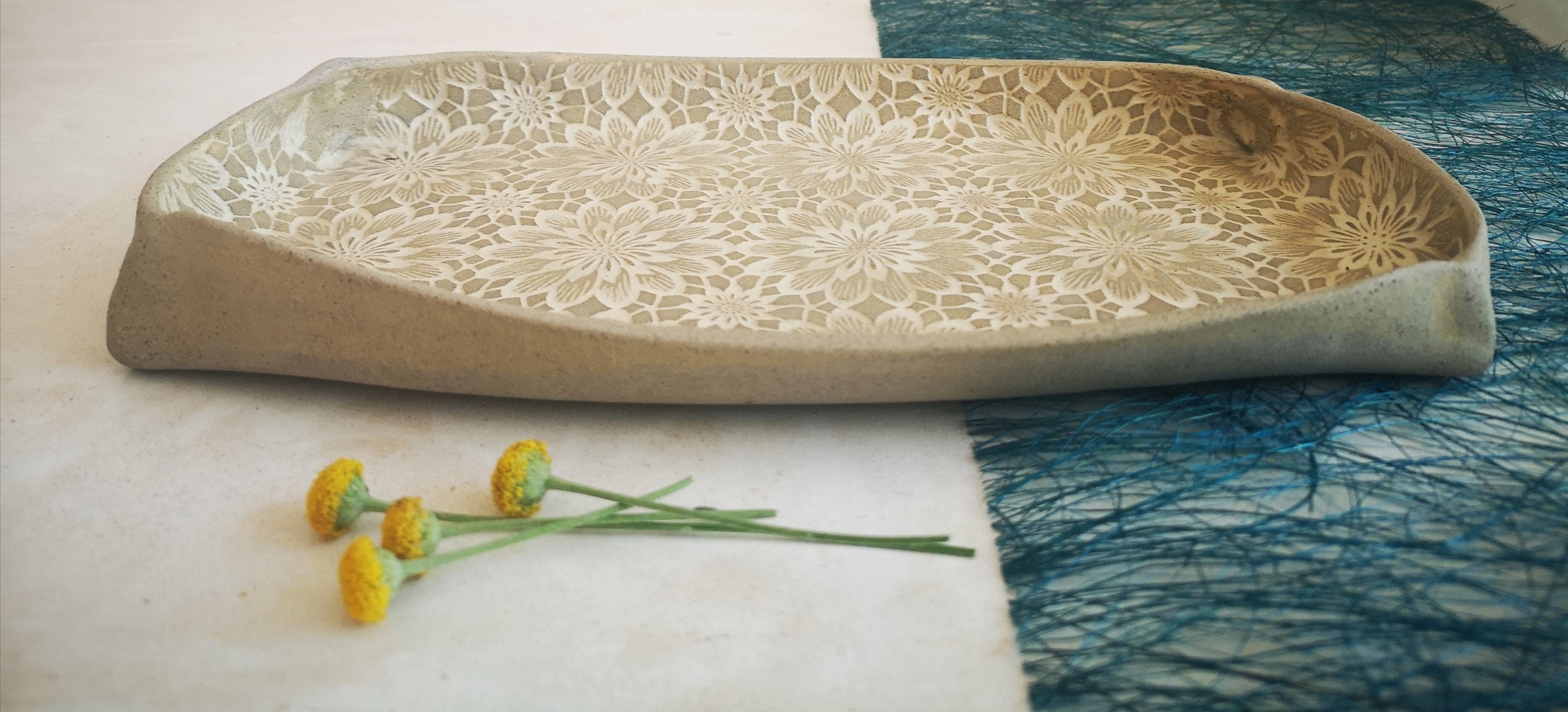 Ceramic serving tray, Pottery serving dish with floral decorations, Handmade pottery, Rustic Unique Serving Dish