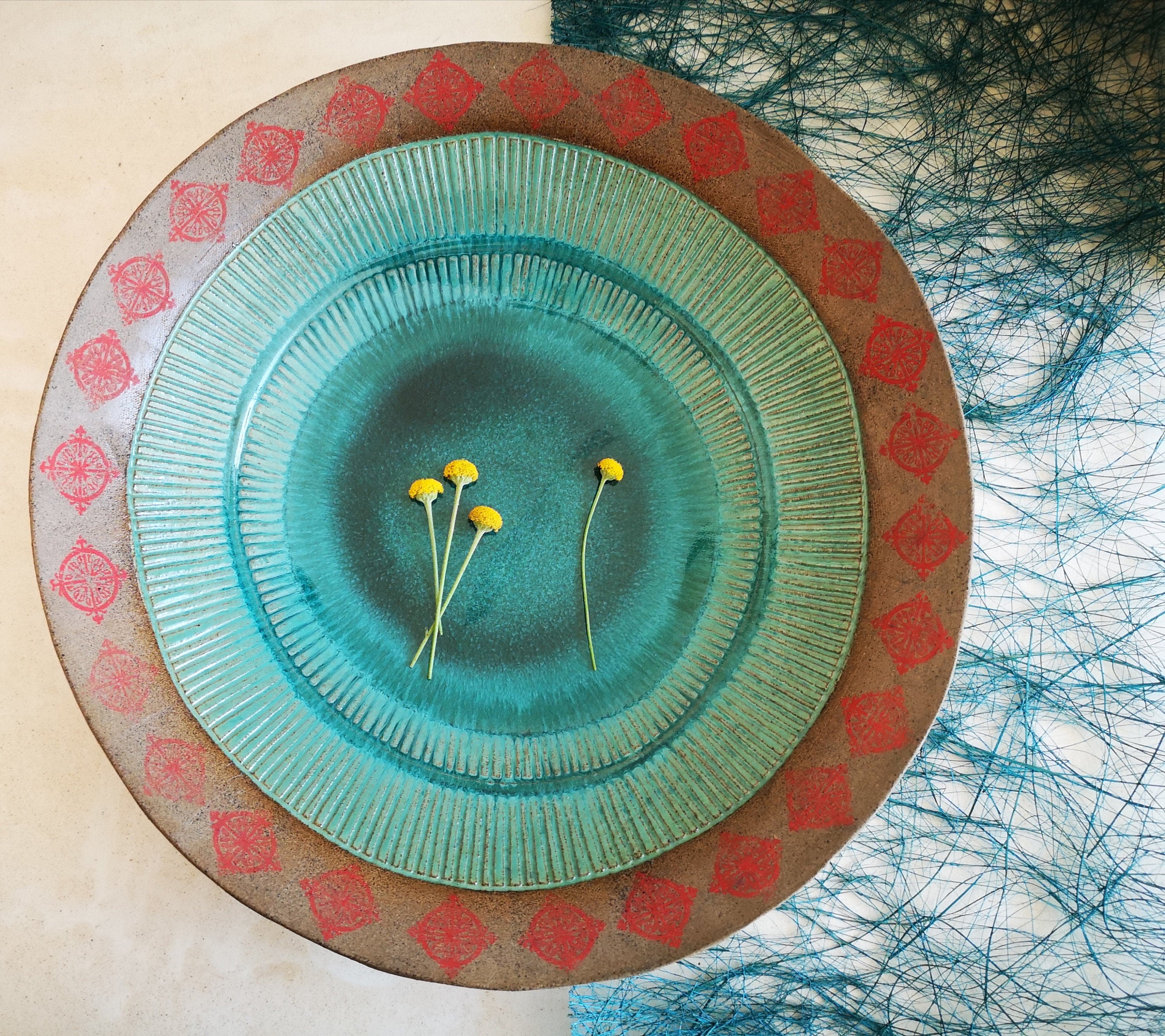 Large Ceramic Salad Bowl: Turquoise Glaze, Red Print, Rustic Serving Dish
