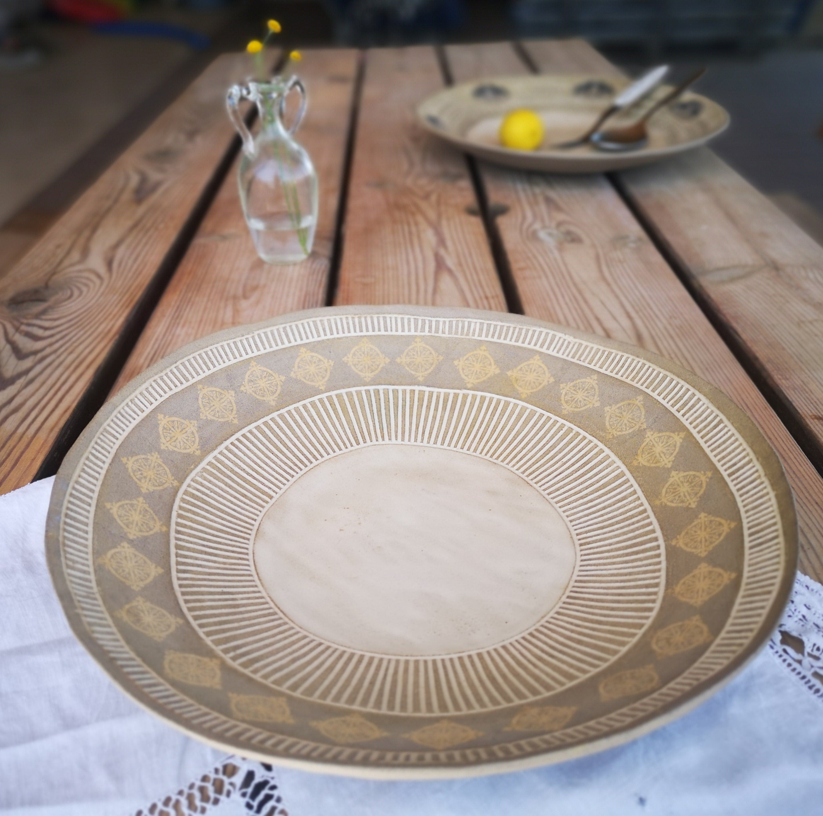 Large Ceramic Serving Bowl: Gray Clay Pottery with Yellow Print