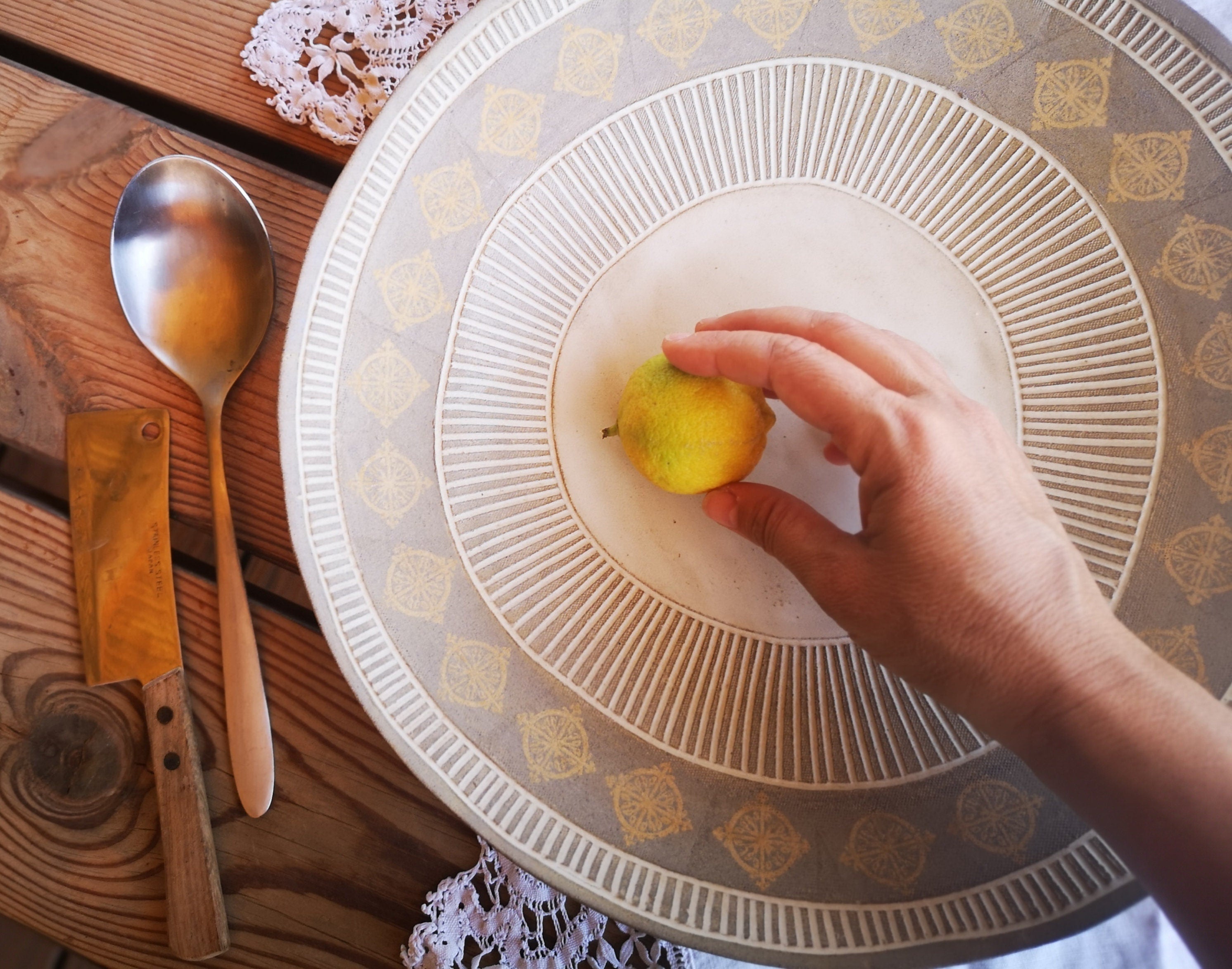 Large Ceramic Serving Bowl: Gray Clay Pottery with Yellow Print