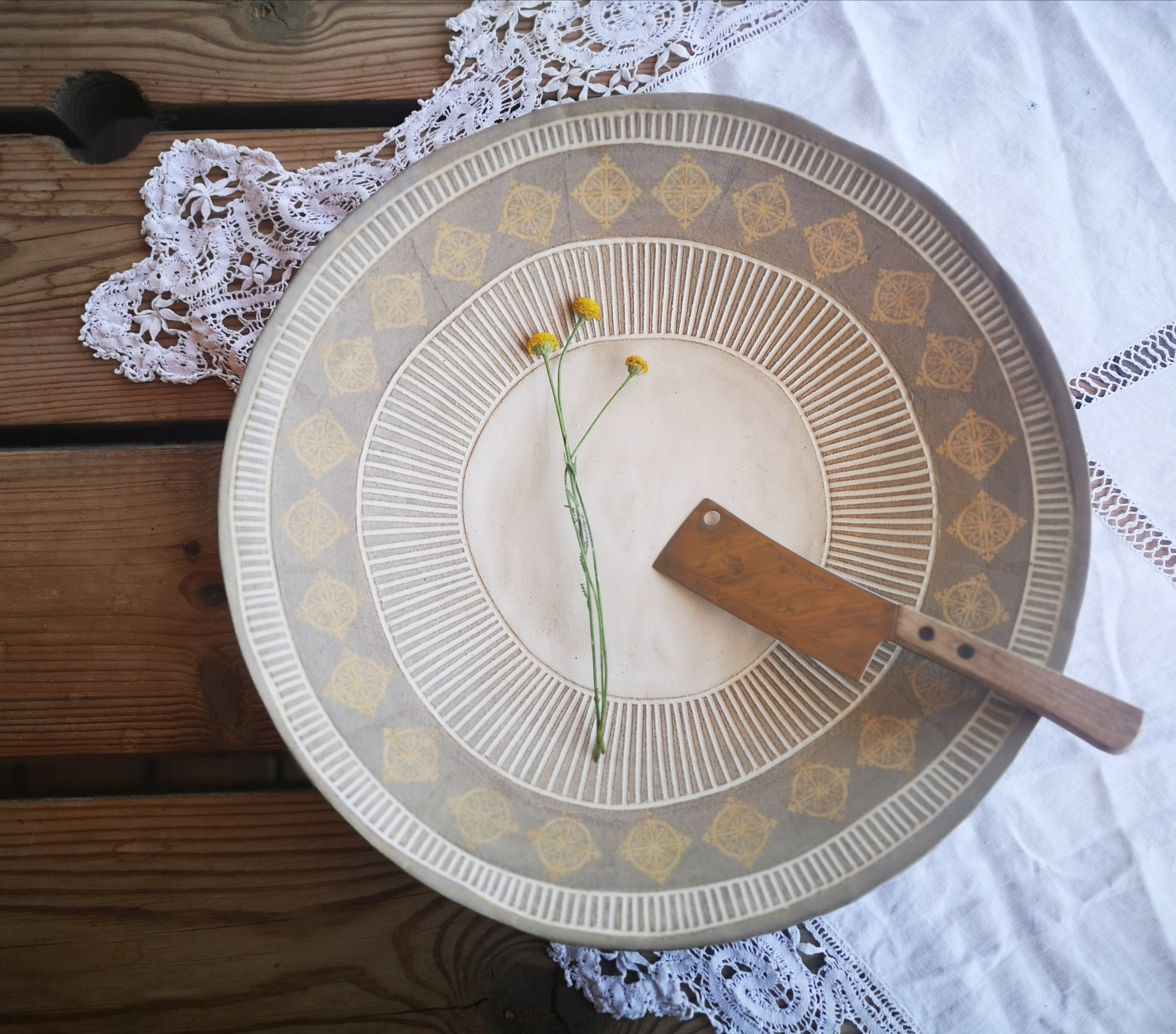 Large Ceramic Serving Bowl: Gray Clay Pottery with Yellow Print