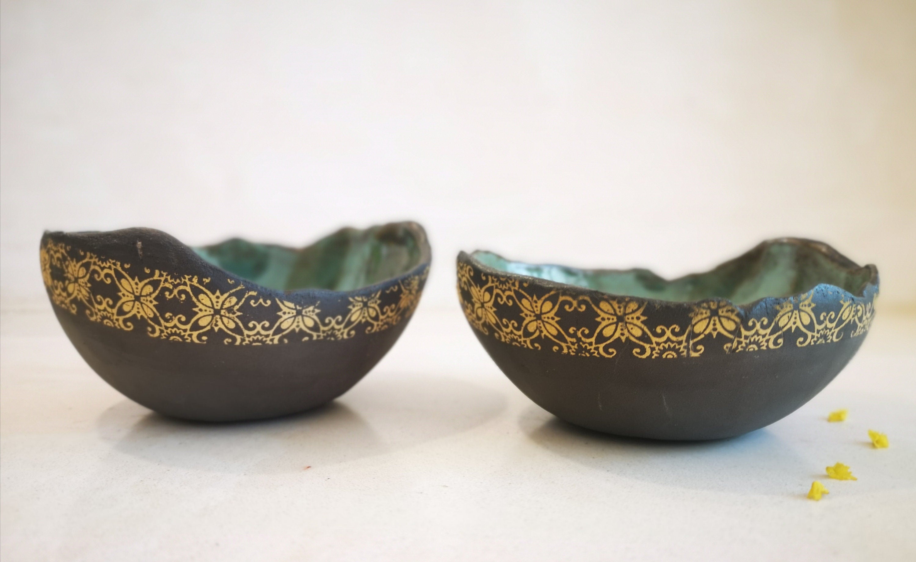 Set of 2 Ceramic Dipping Bowls: Turquoise & Black Pottery with Yellow Print