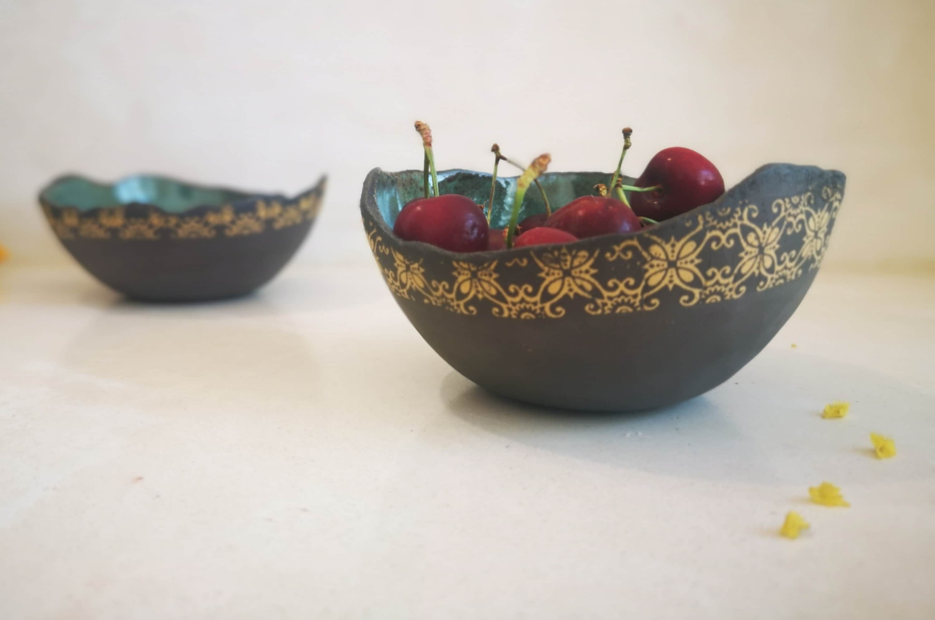 Set of 2 Ceramic Dipping Bowls: Turquoise & Black Pottery with Yellow Print