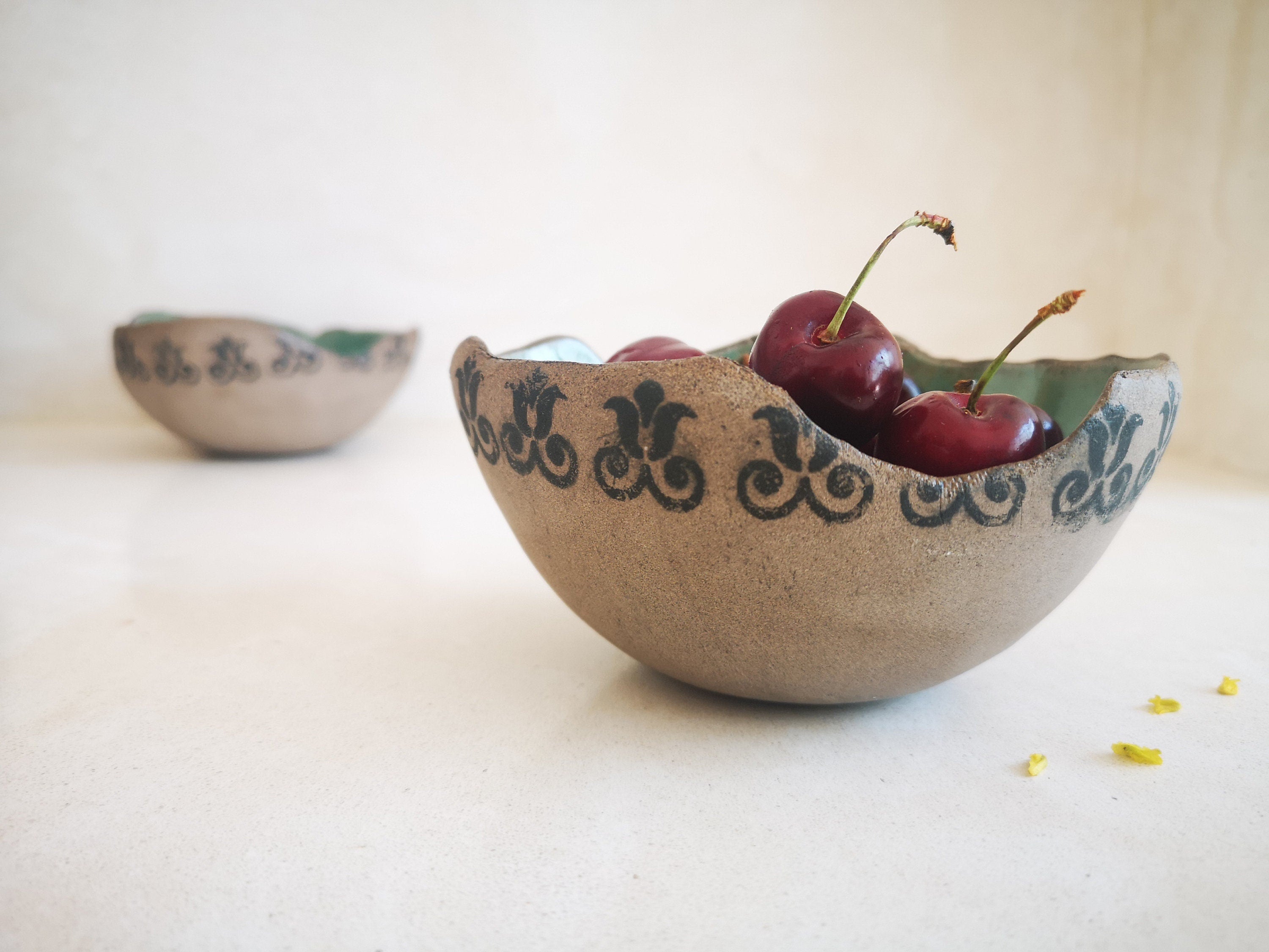 Set of 2 Turquoise Ceramic Bowls: Archaeological Print Pottery