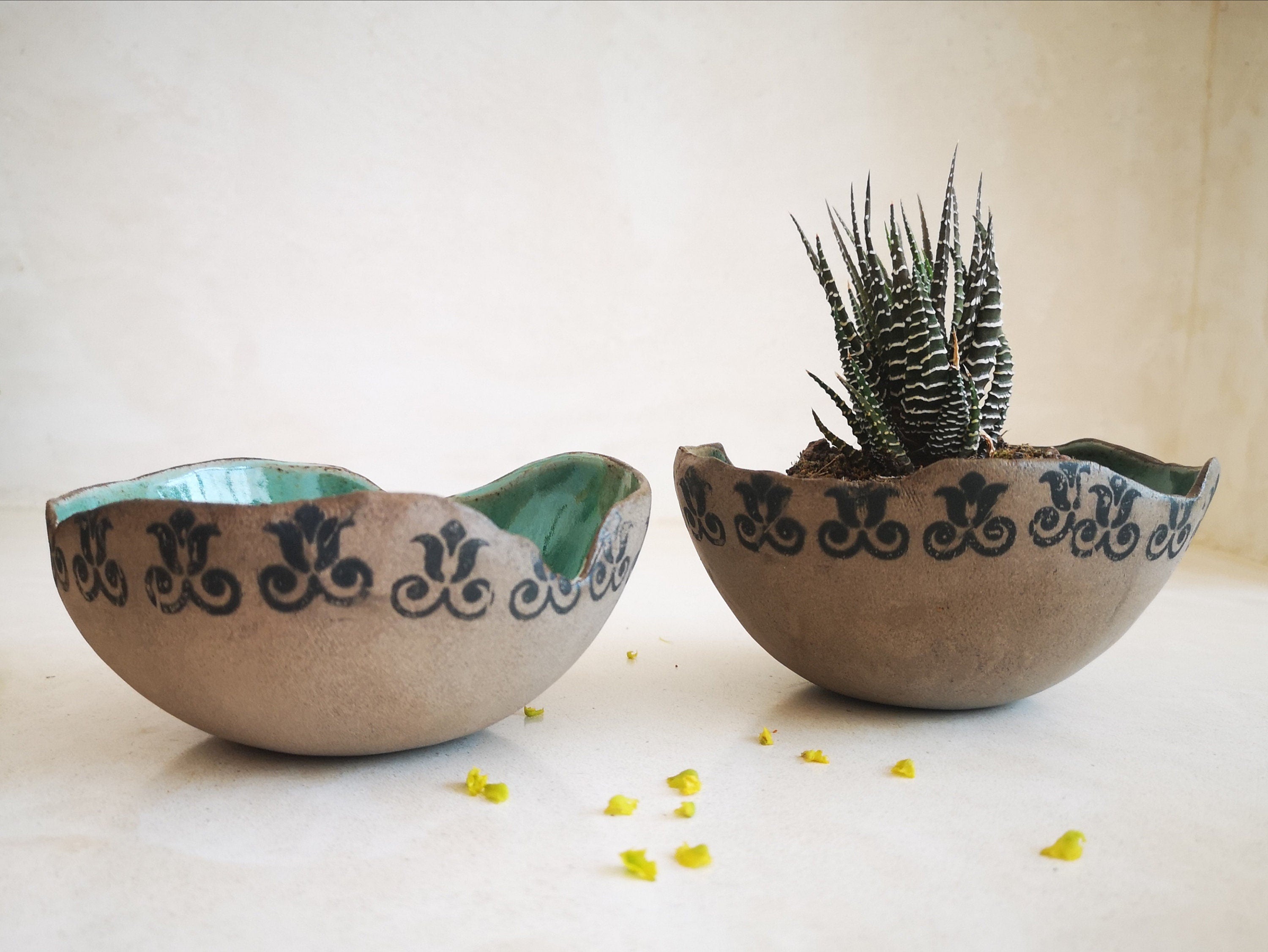 Set of 2 Turquoise Ceramic Bowls: Archaeological Print Pottery
