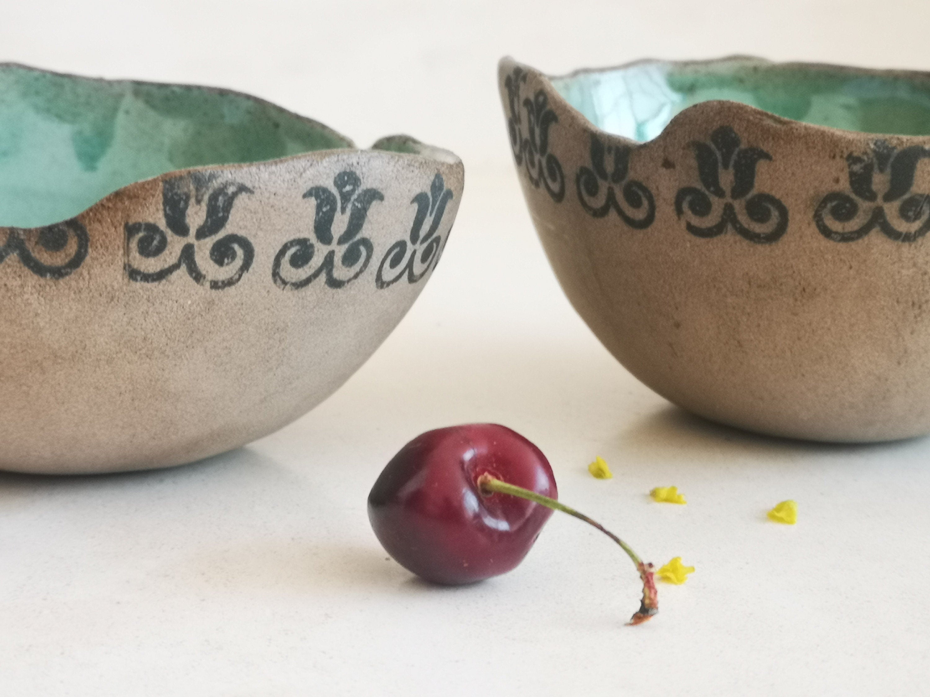Set of 2 Turquoise Ceramic Bowls: Archaeological Print Pottery