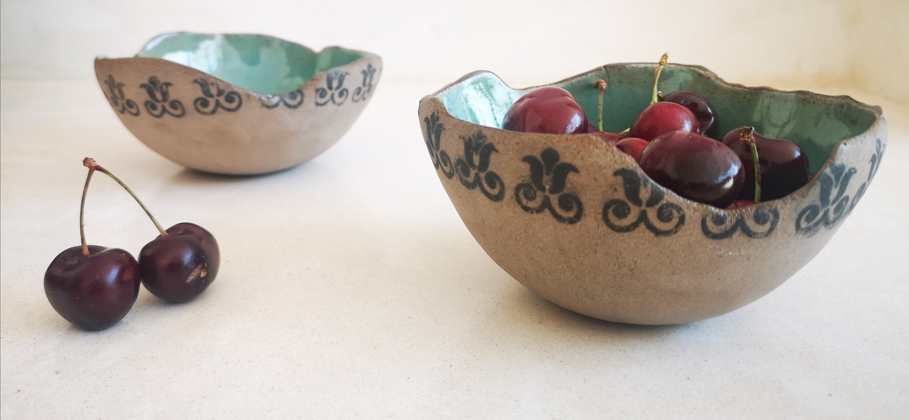 Set of 2 Turquoise Ceramic Bowls: Archaeological Print Pottery