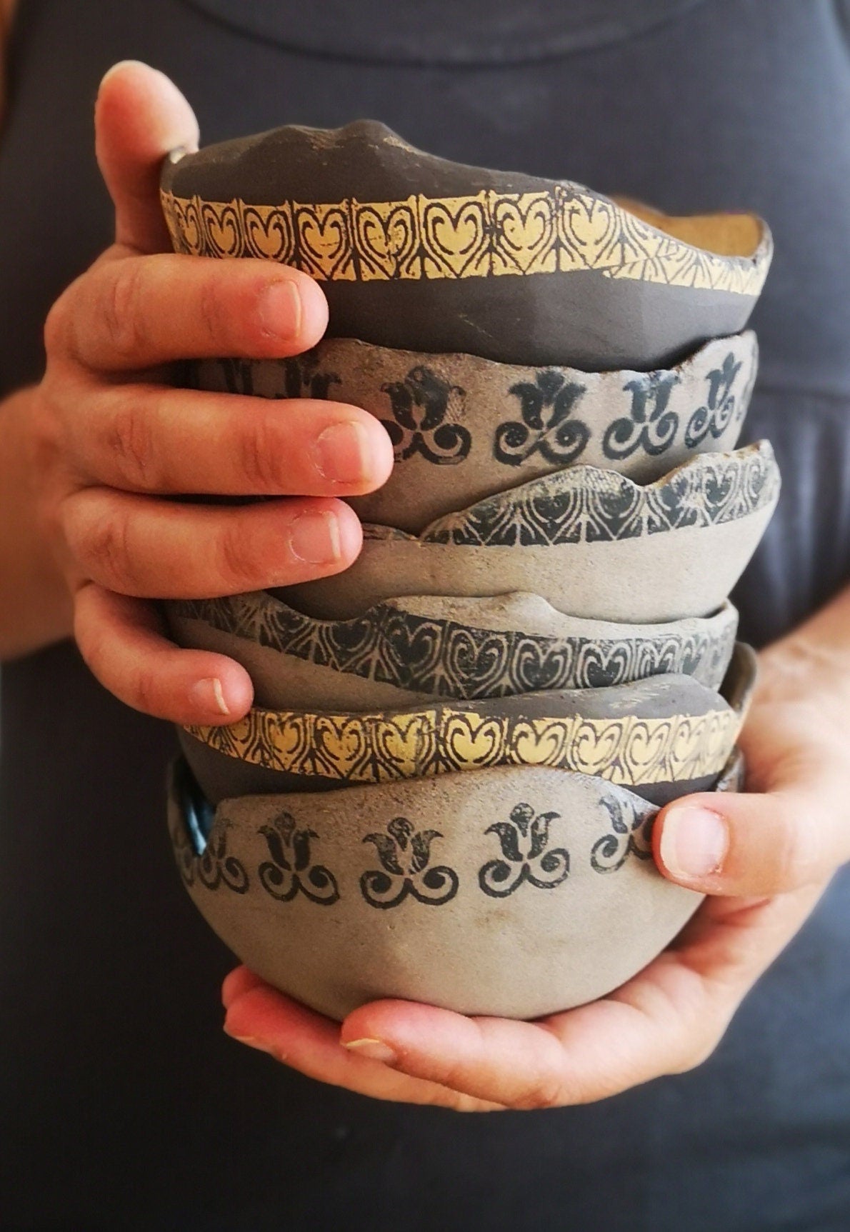 Set of 2 Turquoise Ceramic Bowls: Archaeological Print Pottery