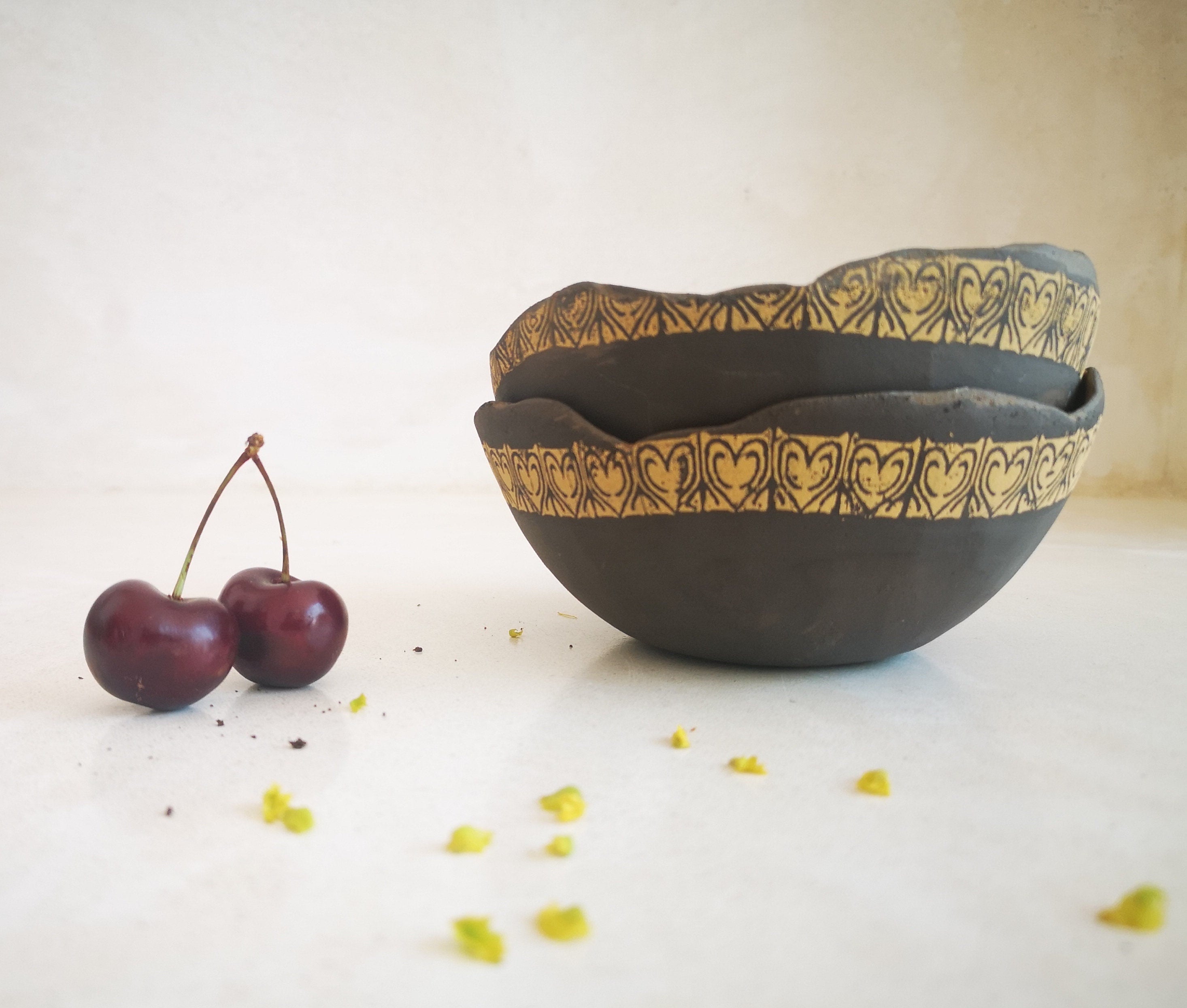 Ceramic Dipping Bowls Set: Handmade Pottery with Yellow Print