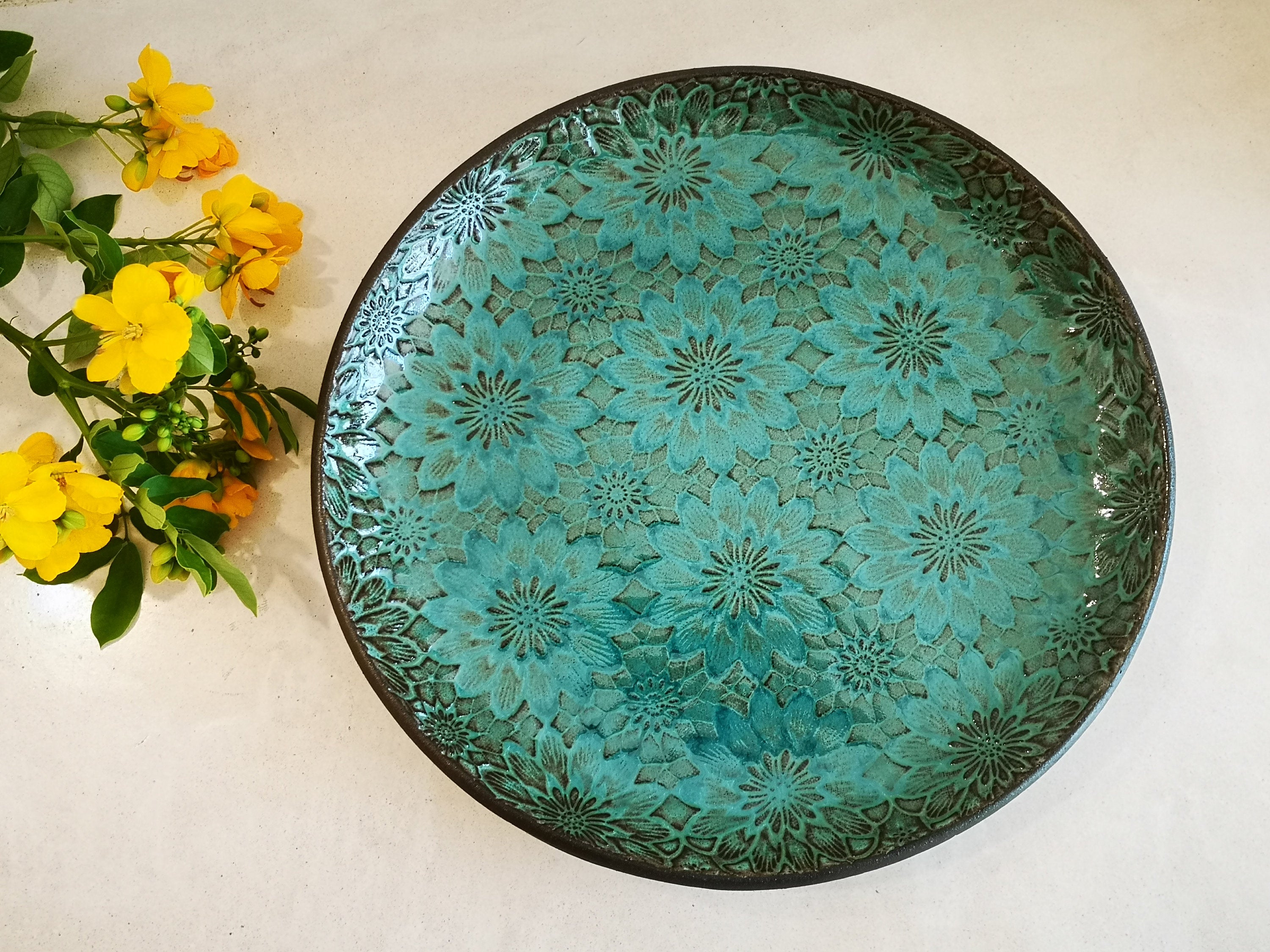 Handmade Ceramic Serving Dish Set: Turquoise Floral Pottery Plates