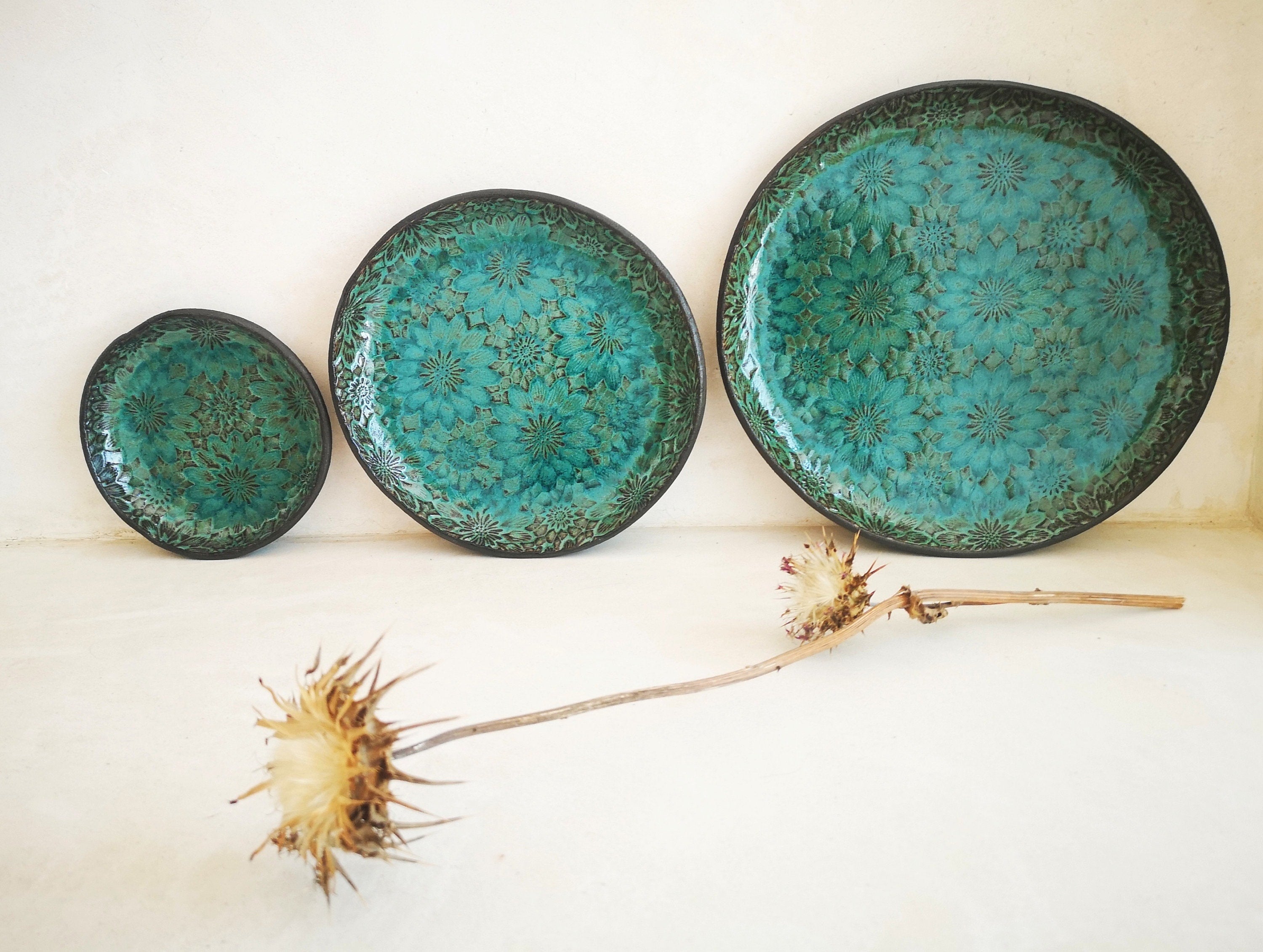 Handmade Ceramic Serving Dish Set: Turquoise Floral Pottery Plates