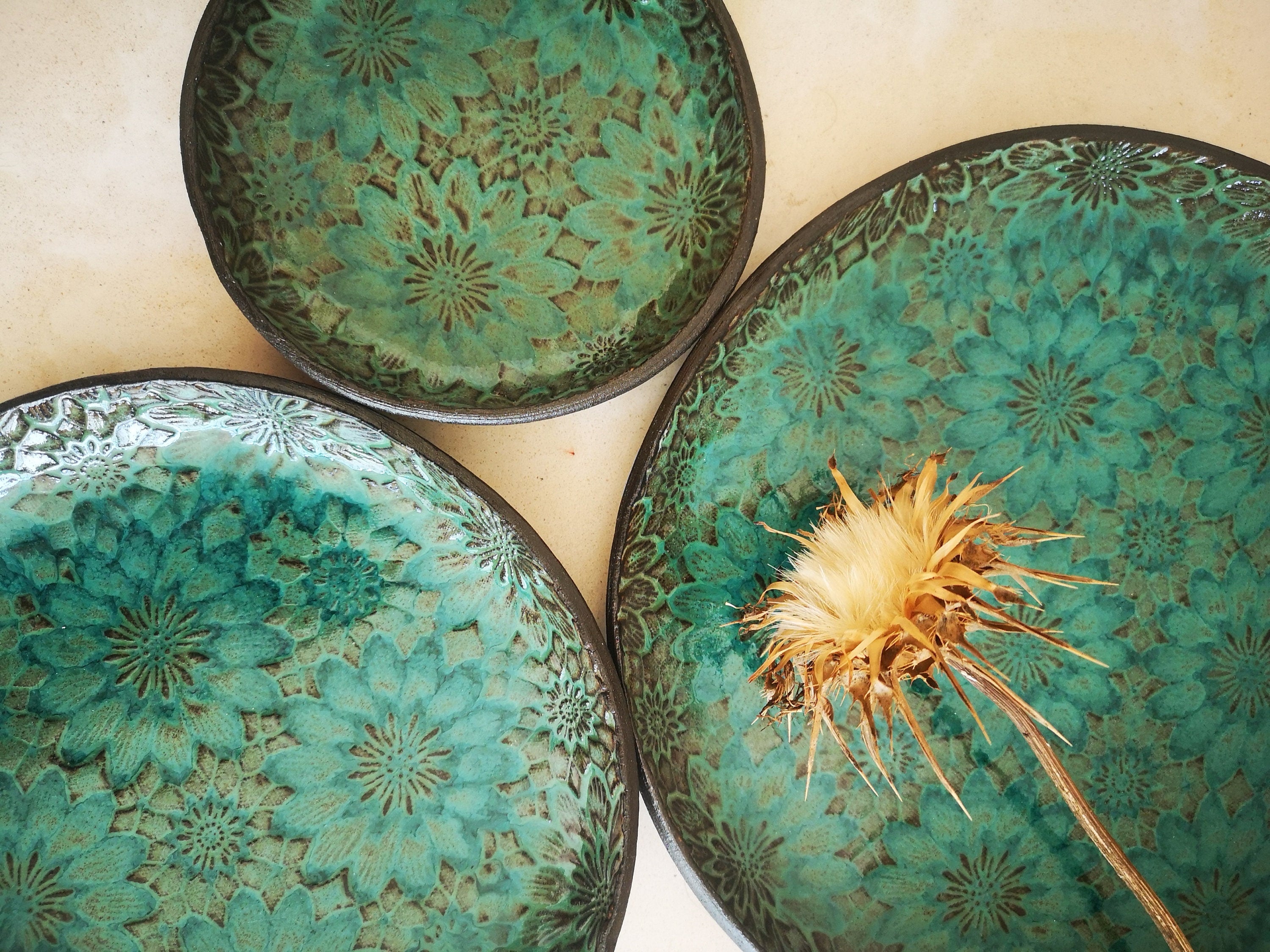 Handmade Ceramic Serving Dish Set: Turquoise Floral Pottery Plates