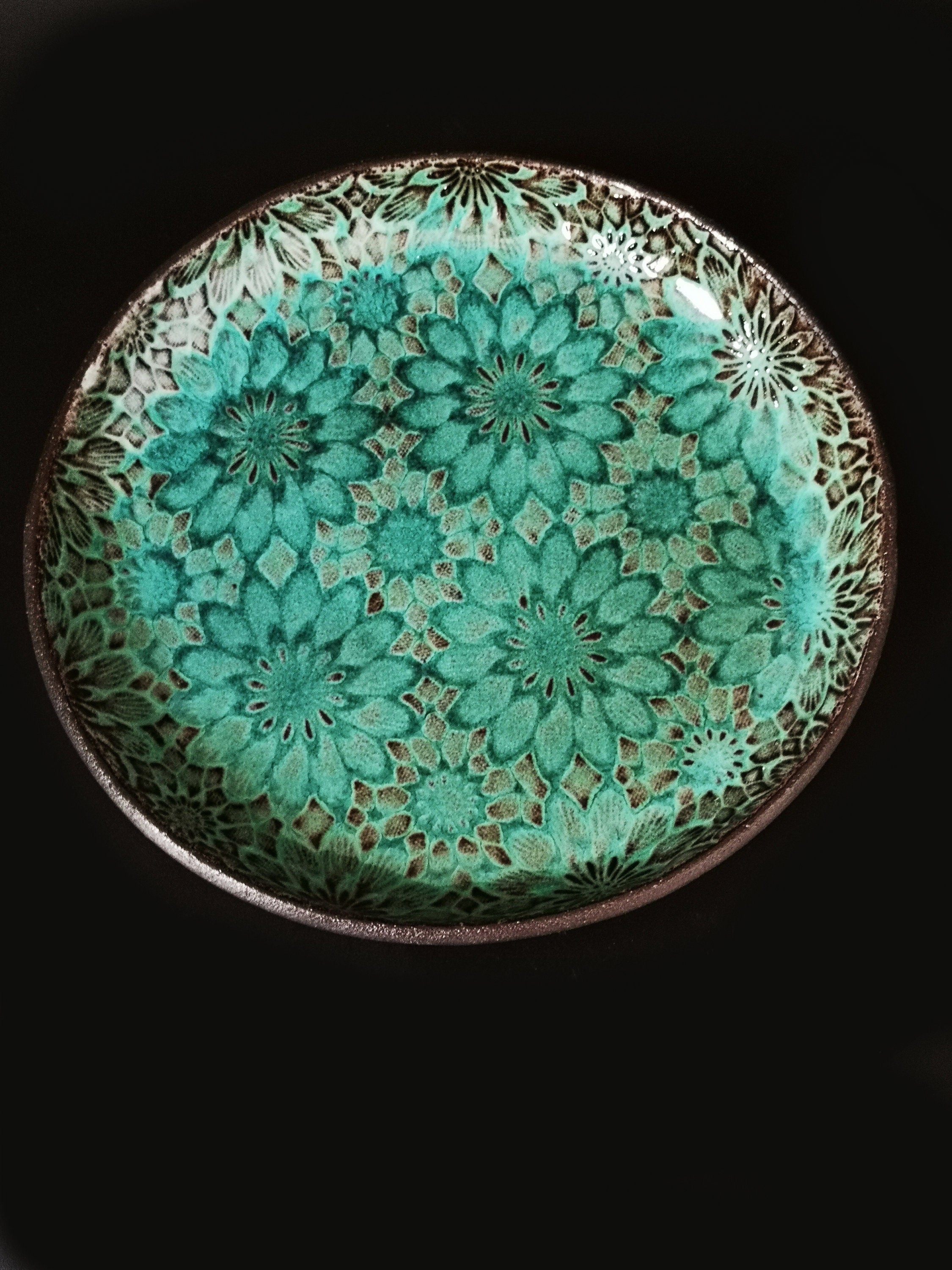 Handmade Ceramic Serving Dish Set: Turquoise Floral Pottery Plates