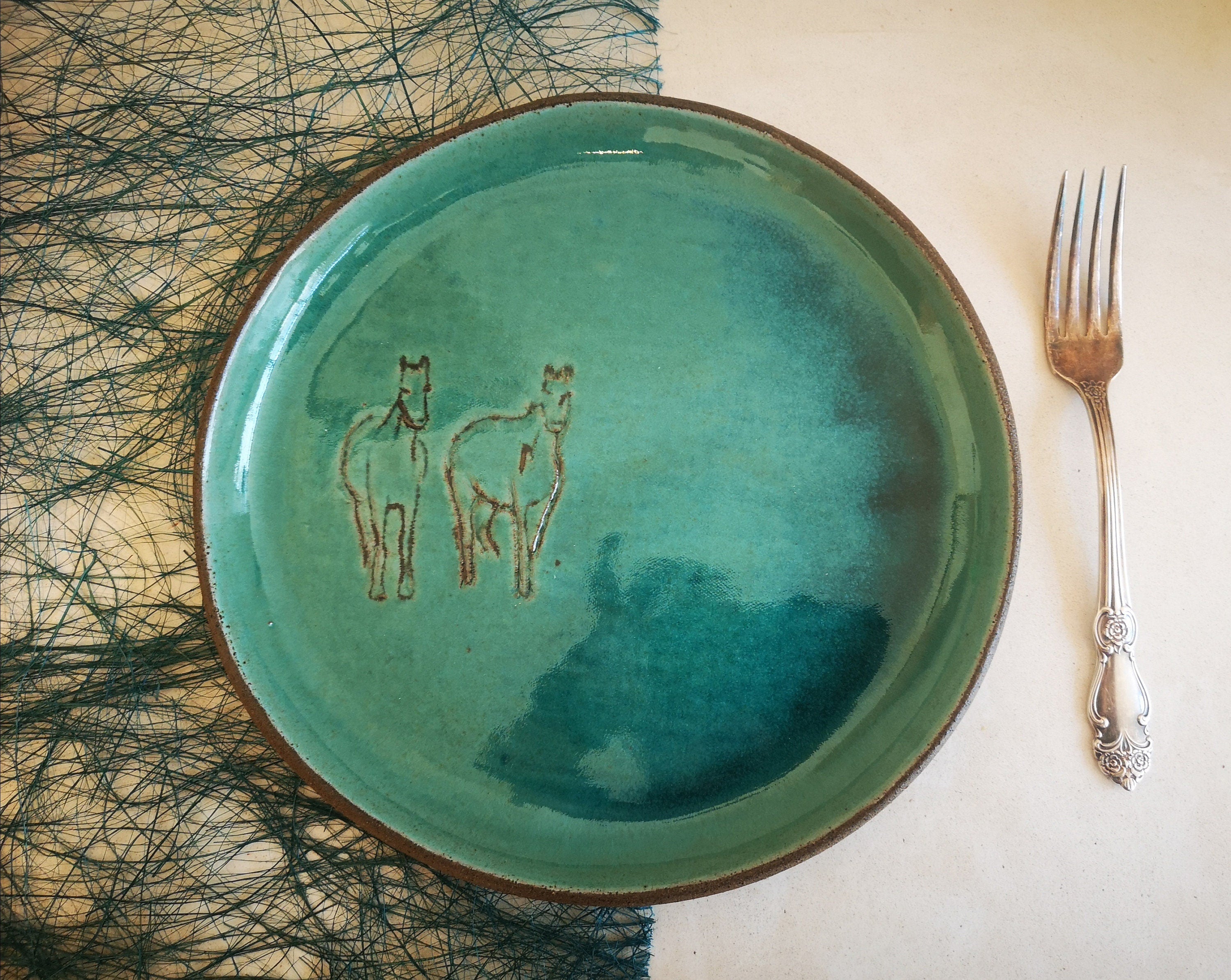 Turquoise Ceramic Plates (Set of 2): Engraved Horse Decoration