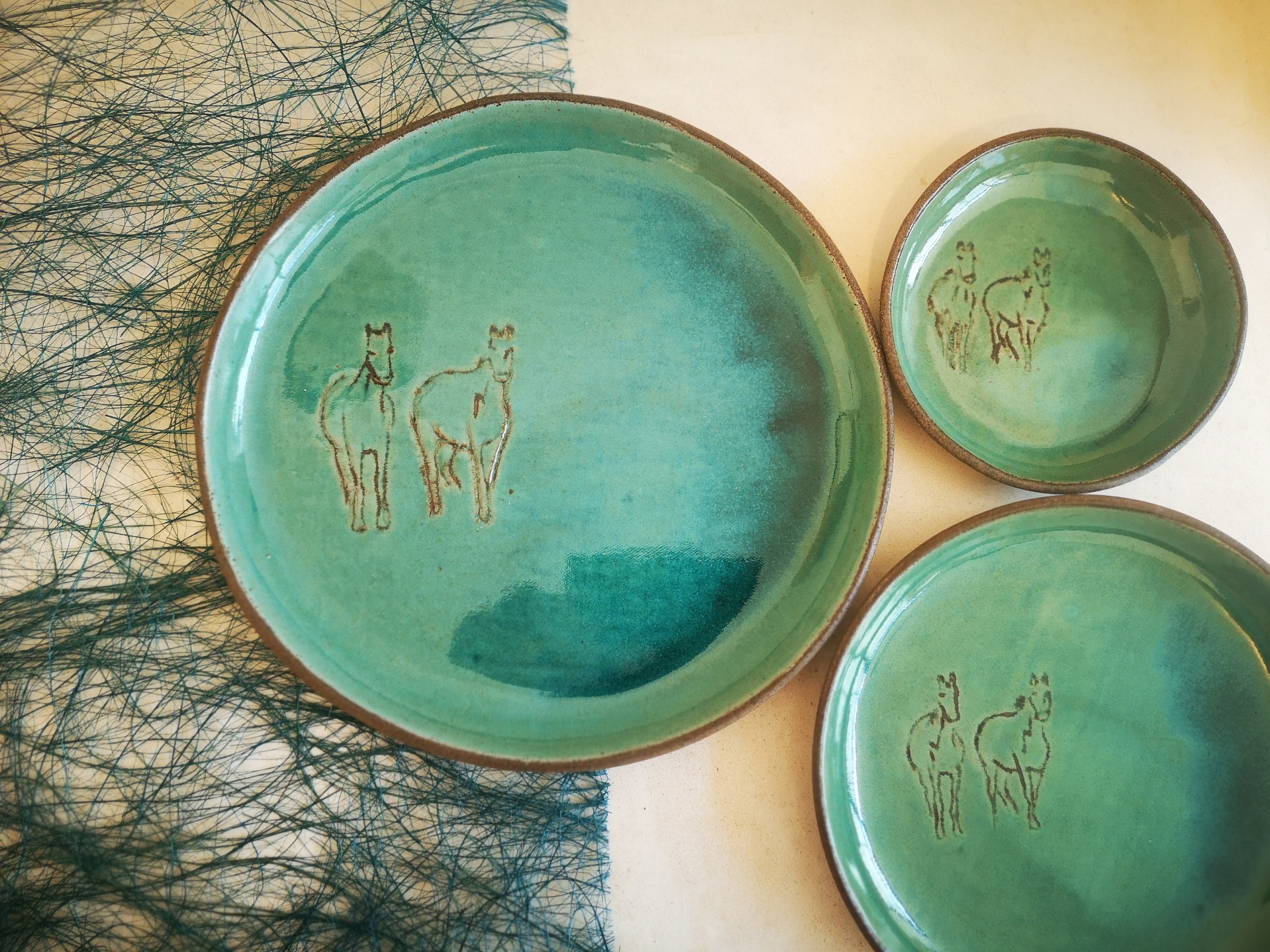 Turquoise Ceramic Plate Set: Handmade Pottery Serving Dish with Engraved Horses