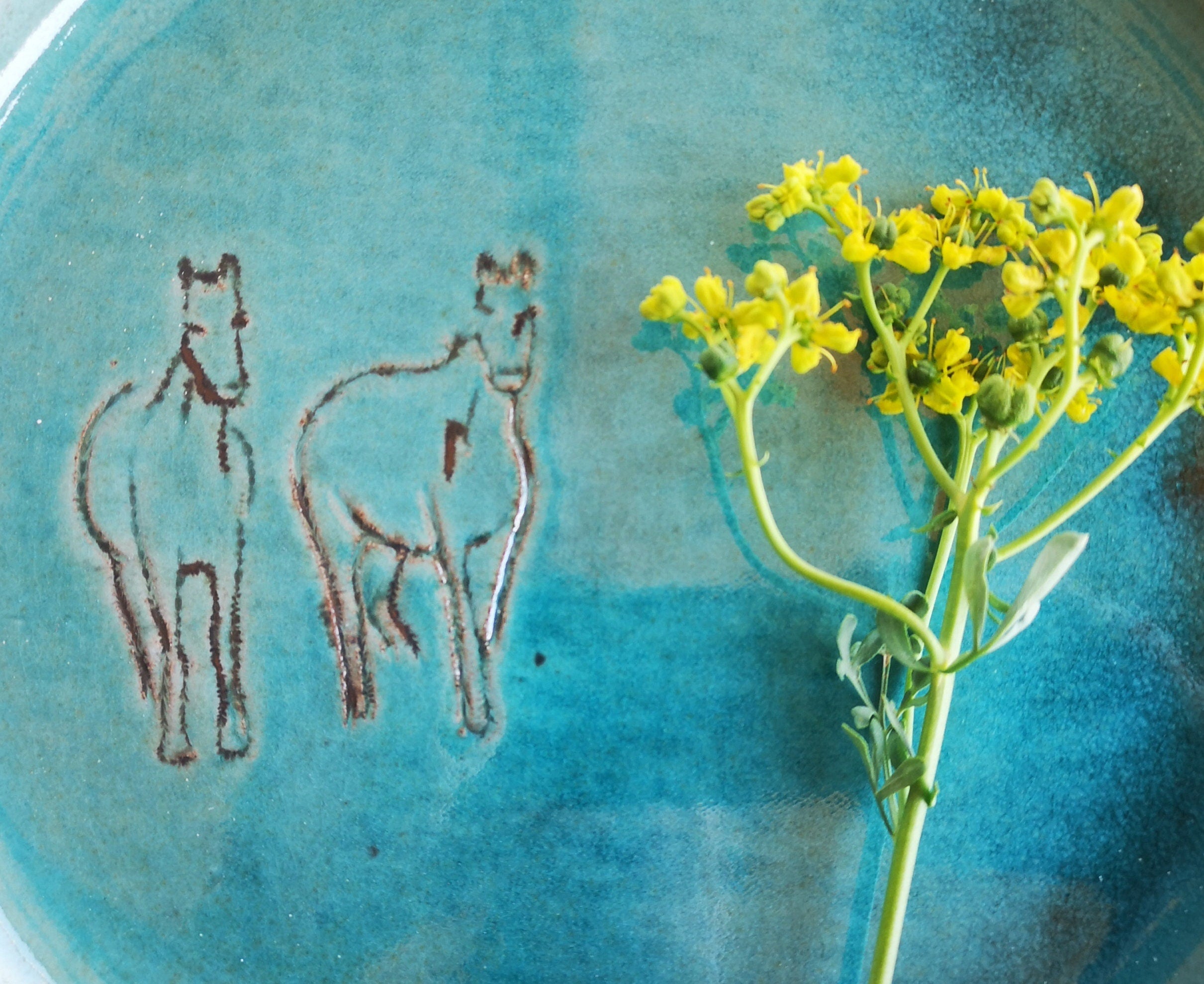 Turquoise Ceramic Plate Set: Handmade Pottery Serving Dish with Engraved Horses