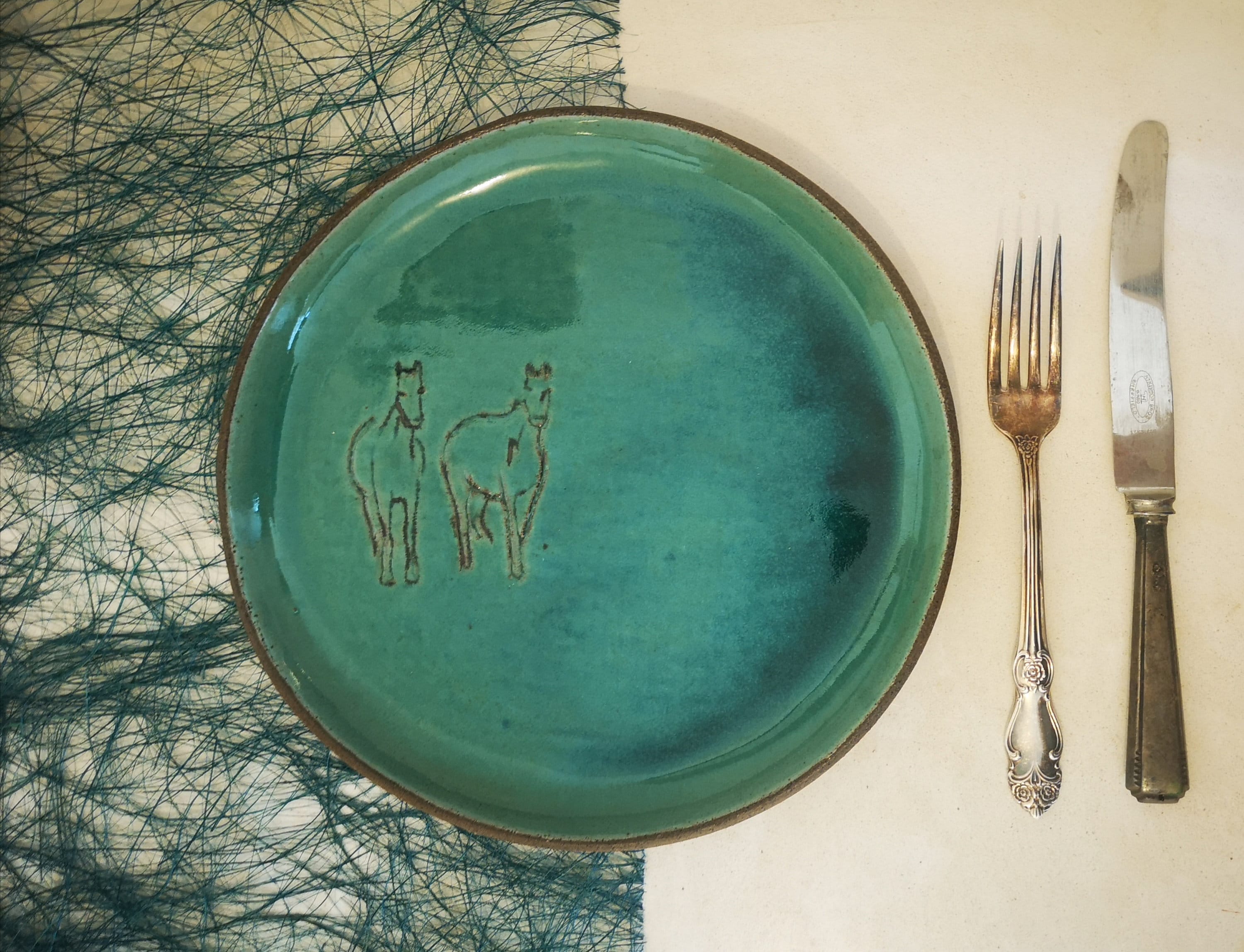 Turquoise Ceramic Plate Set: Handmade Pottery Serving Dish with Engraved Horses