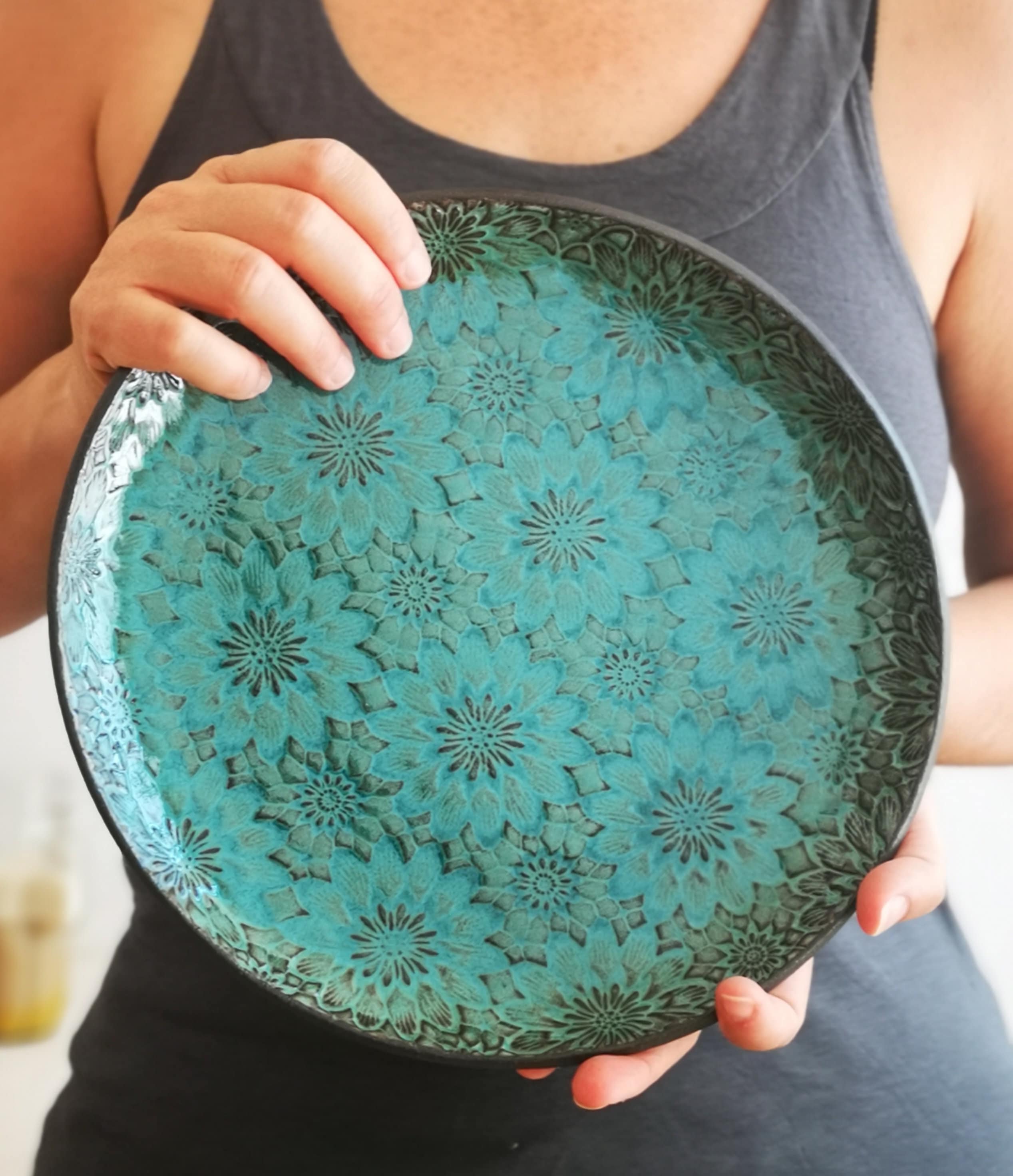 Handmade Ceramic Serving Dish Set: Turquoise Floral Pottery Plates