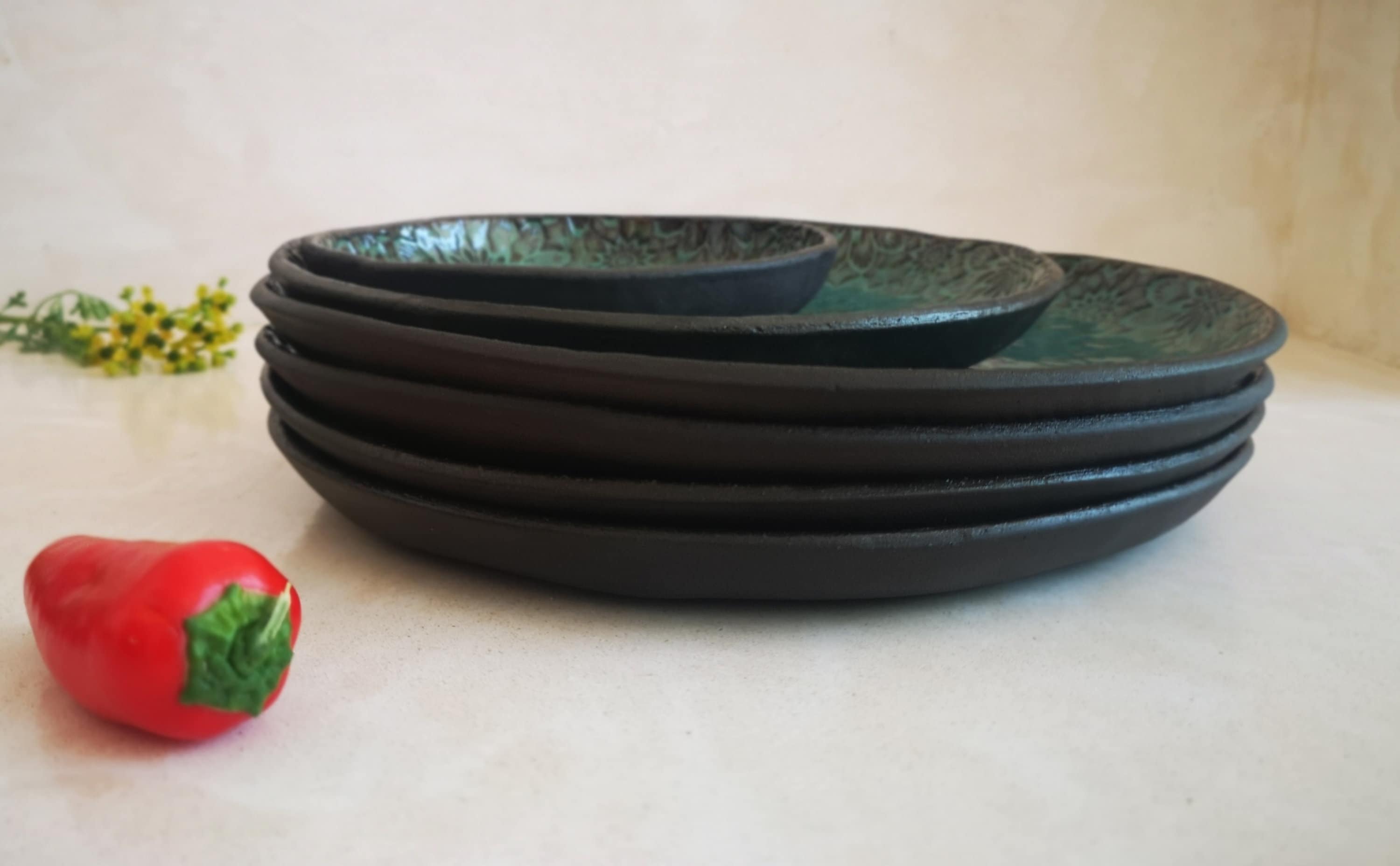 Handmade Ceramic Serving Dish Set: Turquoise Floral Pottery Plates