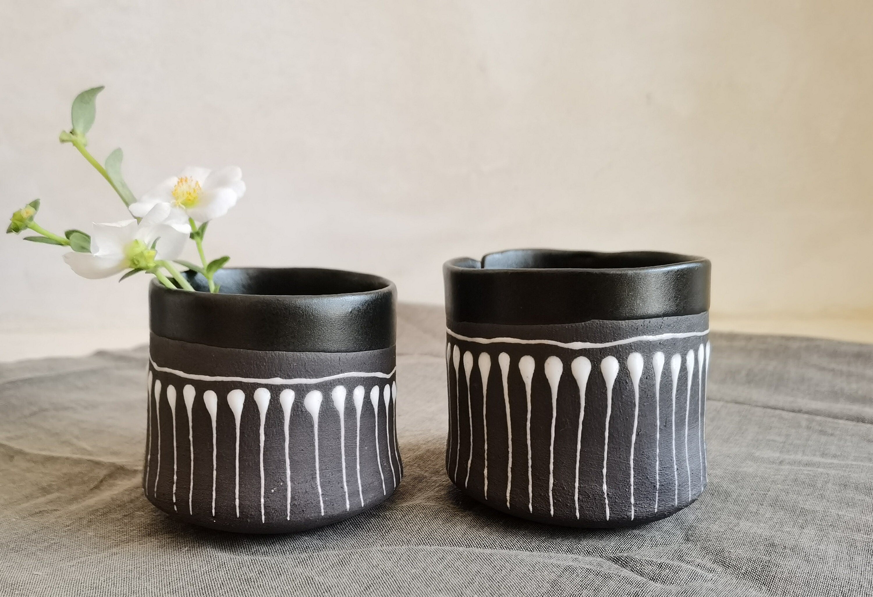 Handmade Black & White Ceramic Teapot Set with 2 Cups