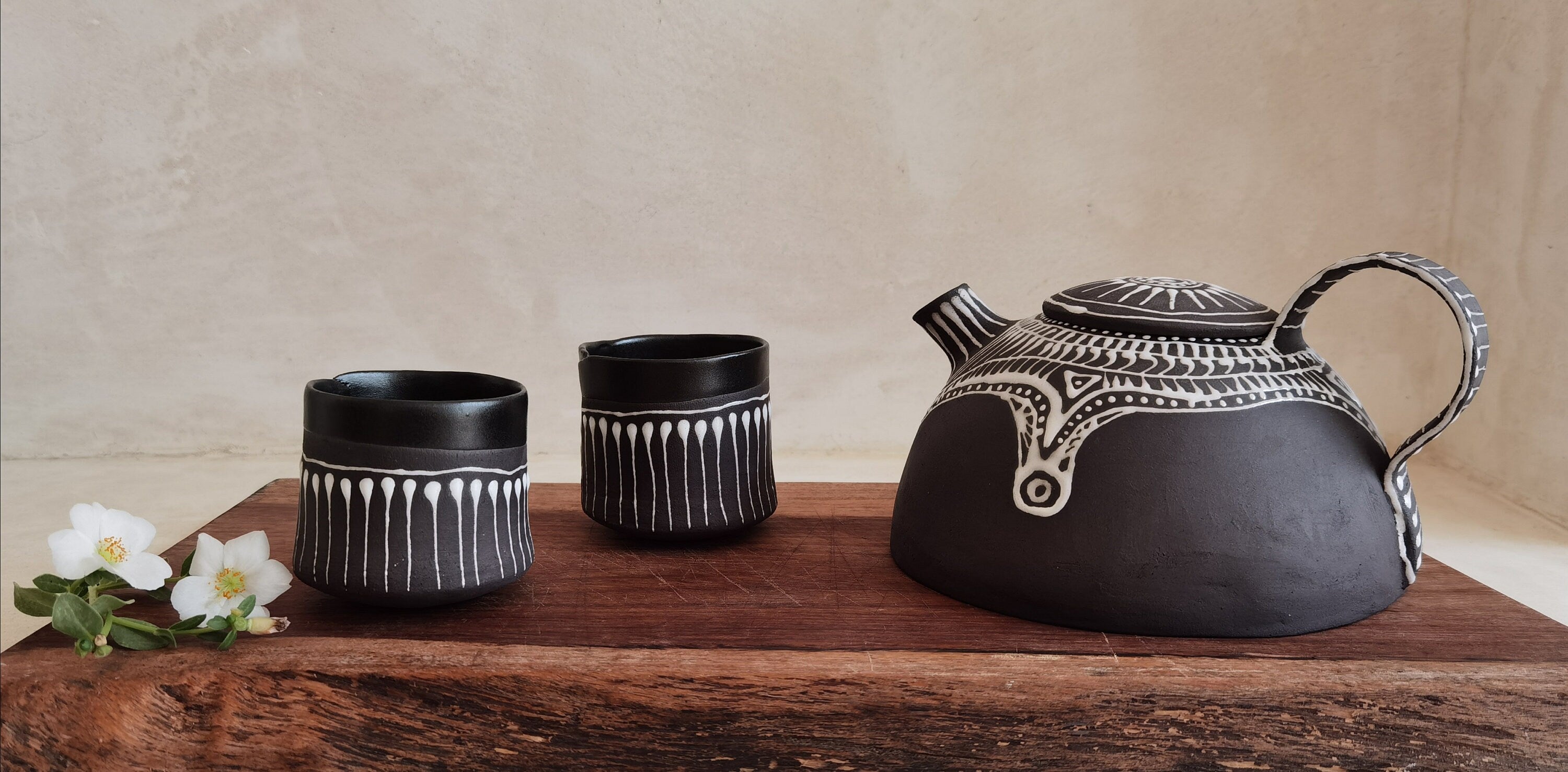 Handmade Black & White Ceramic Teapot Set with 2 Cups