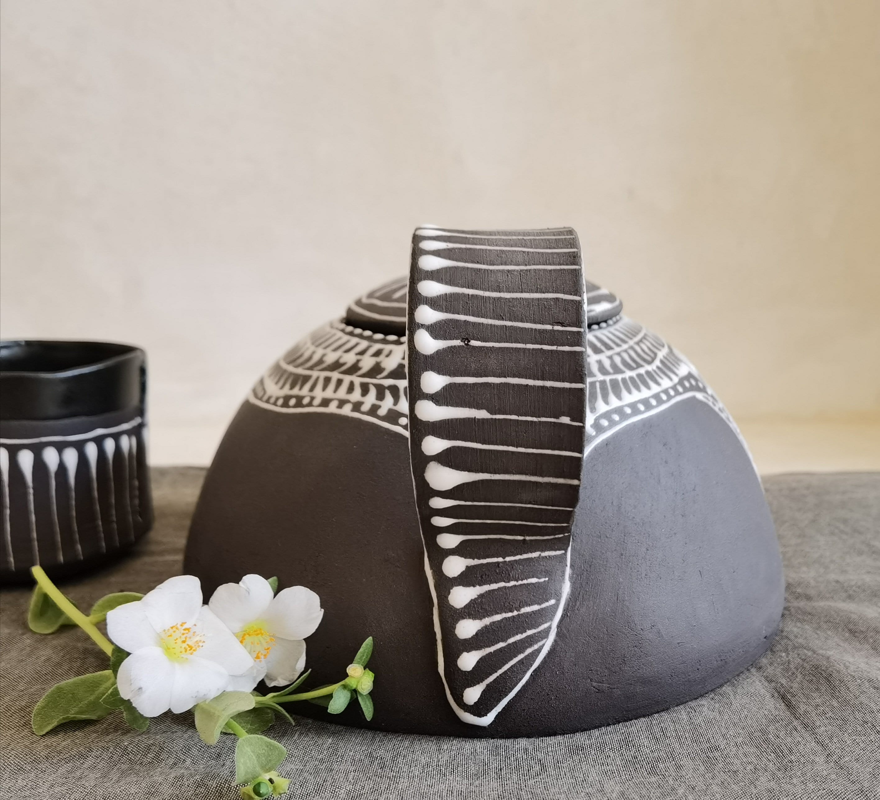 Handmade Black & White Ceramic Teapot Set with 2 Cups
