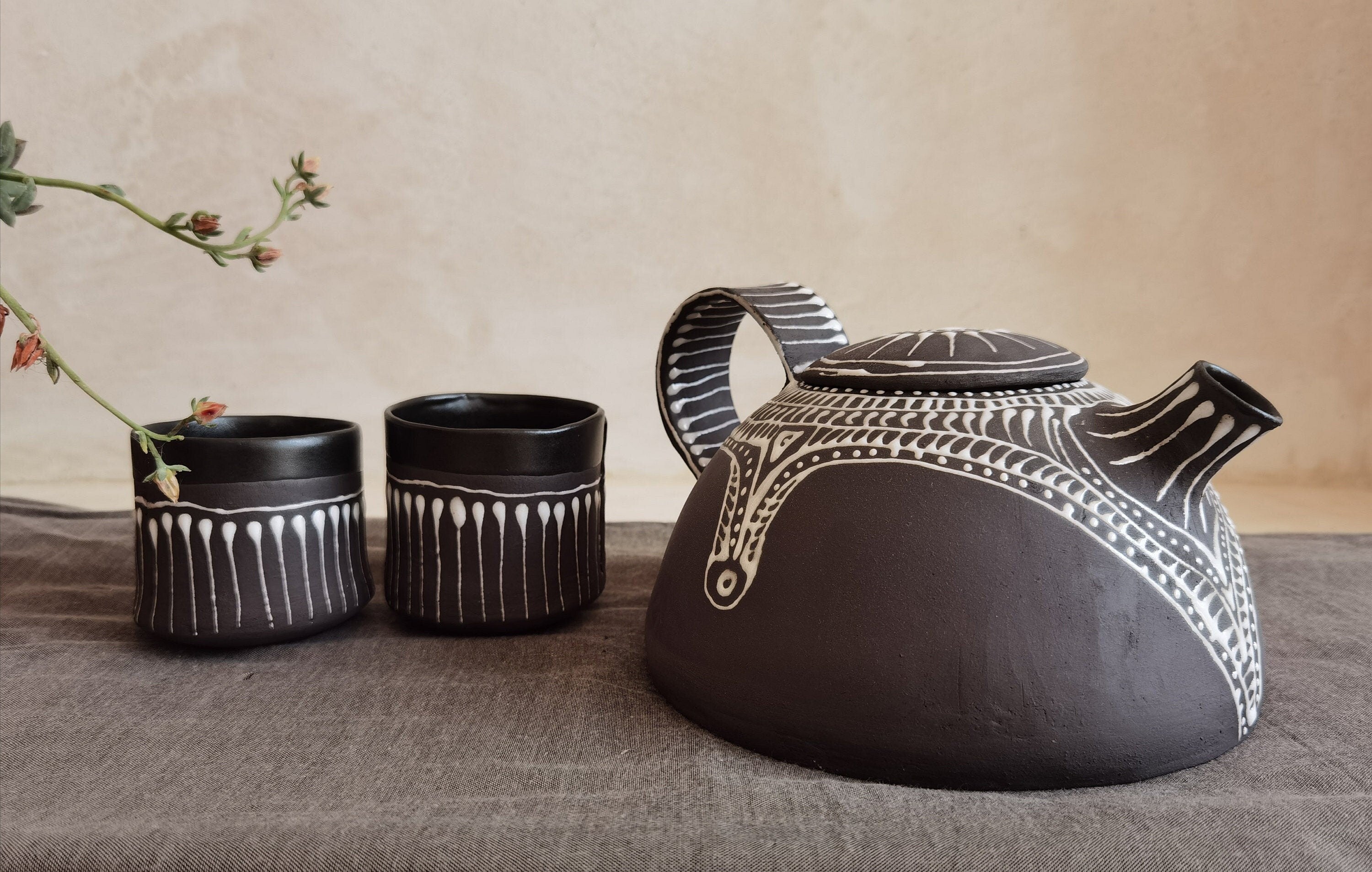 Handmade Black & White Ceramic Teapot Set with 2 Cups