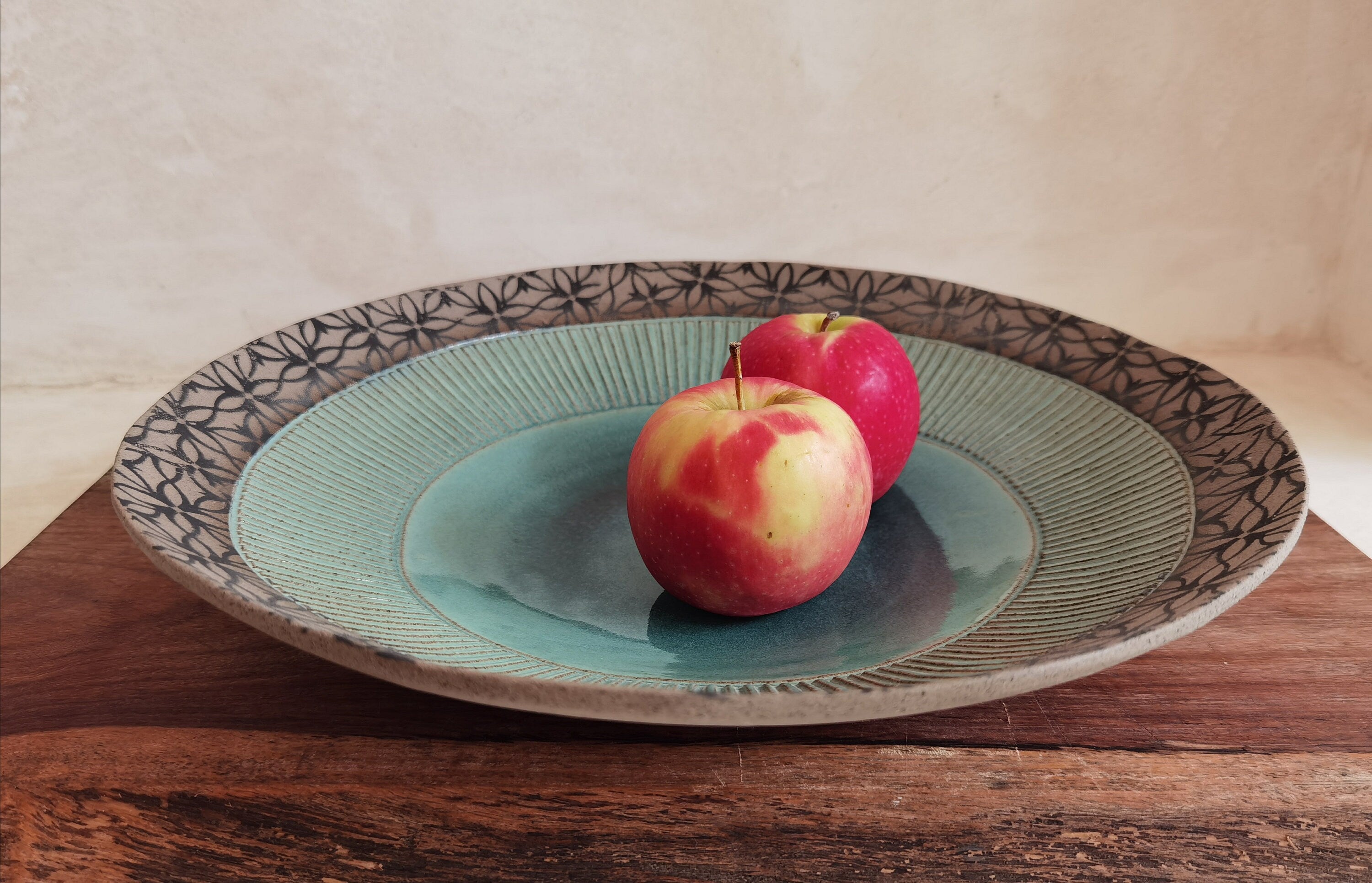 Large Turquoise Glaze Ceramic Bowl: Hand-Painted Serving Dish