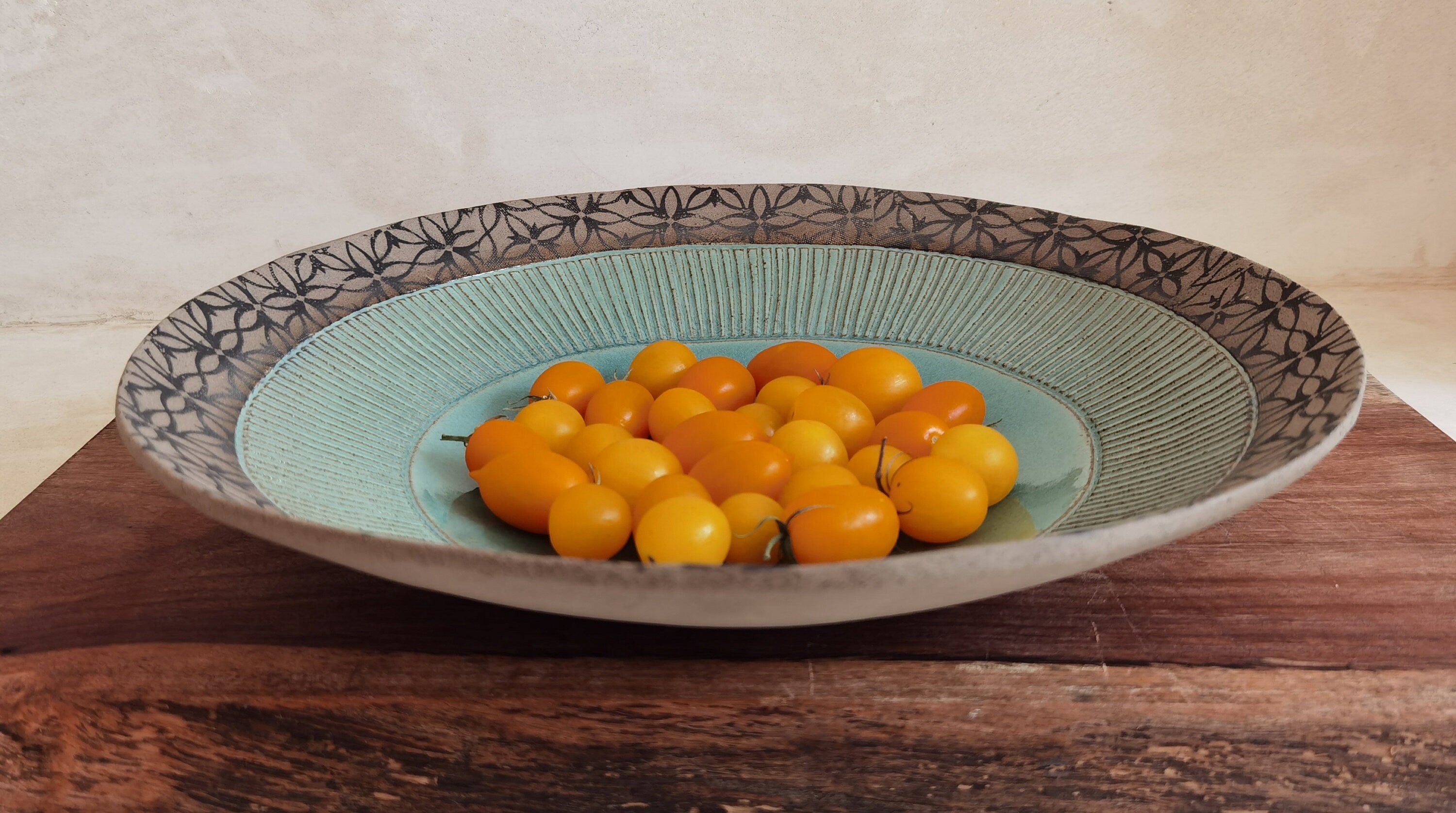 Large Turquoise Glaze Ceramic Bowl: Hand-Painted Serving Dish