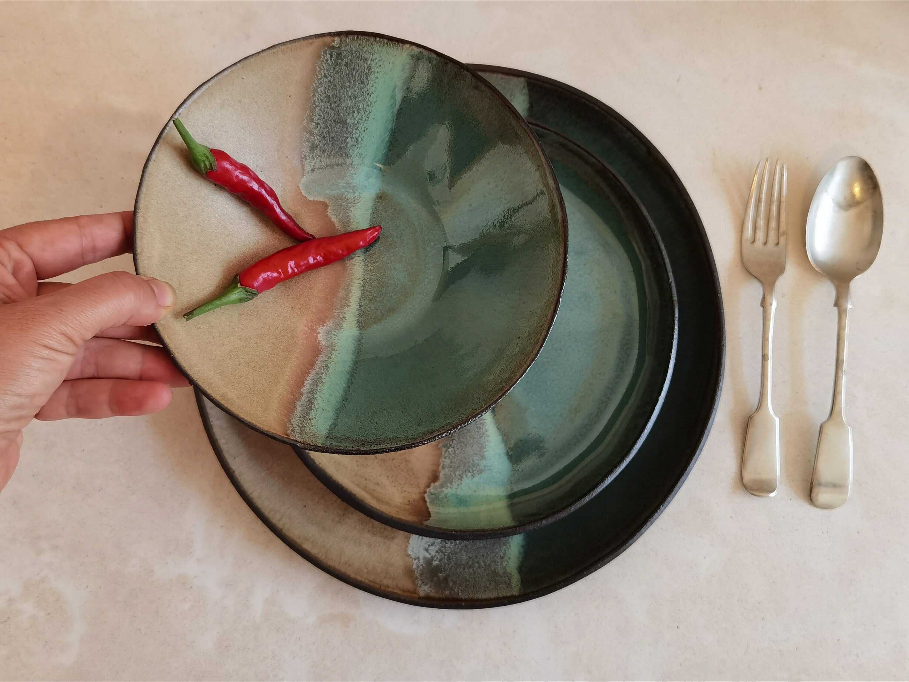 Modern Ceramic Dinnerware Set: Beige & Turquoise Serving Dishes