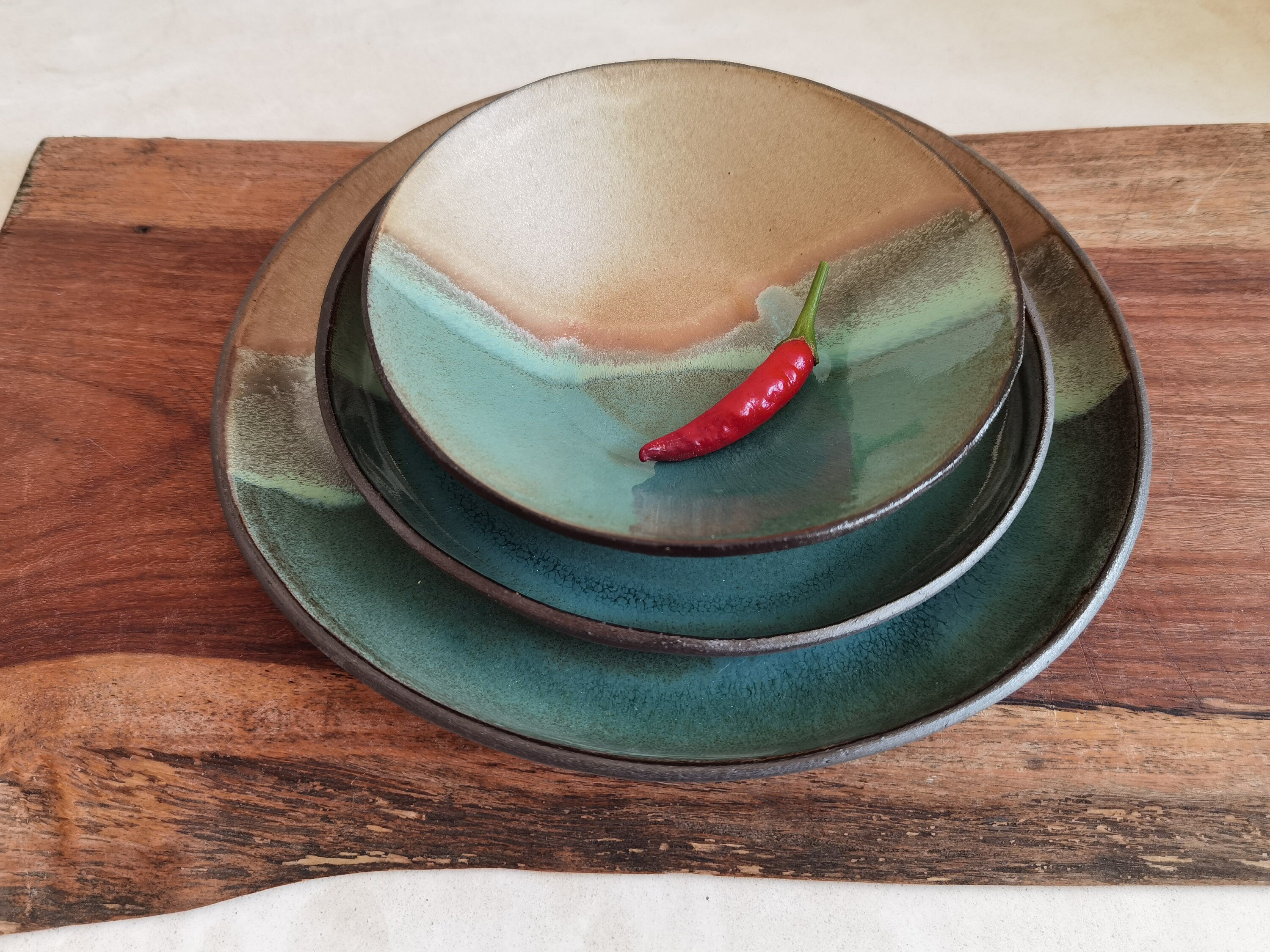 Handmade Ceramic Dinnerware Set: Turquoise & Brown Pottery