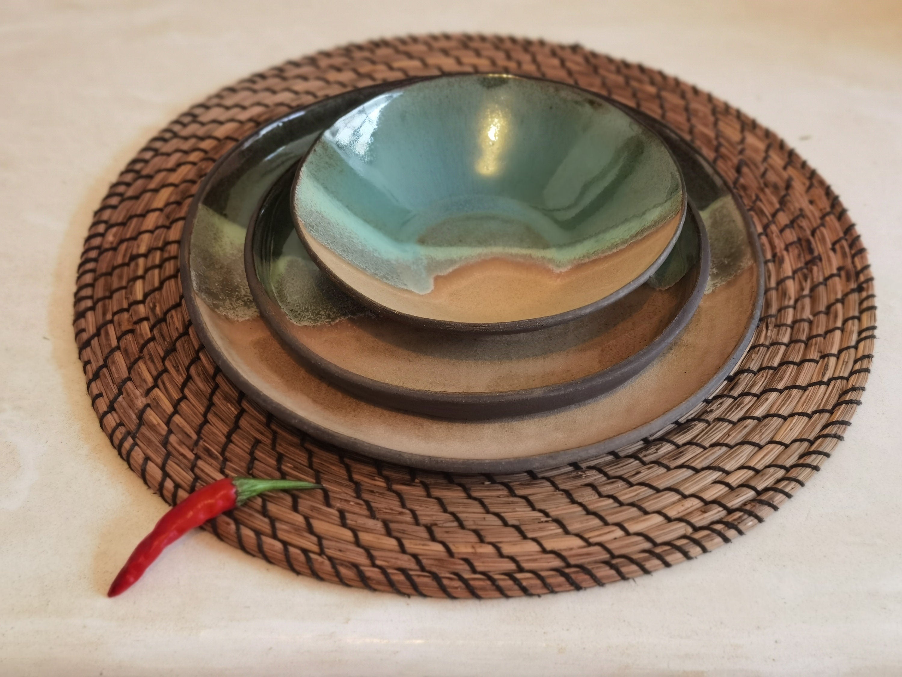 Modern Ceramic Dinnerware Set: Beige & Turquoise Serving Dishes