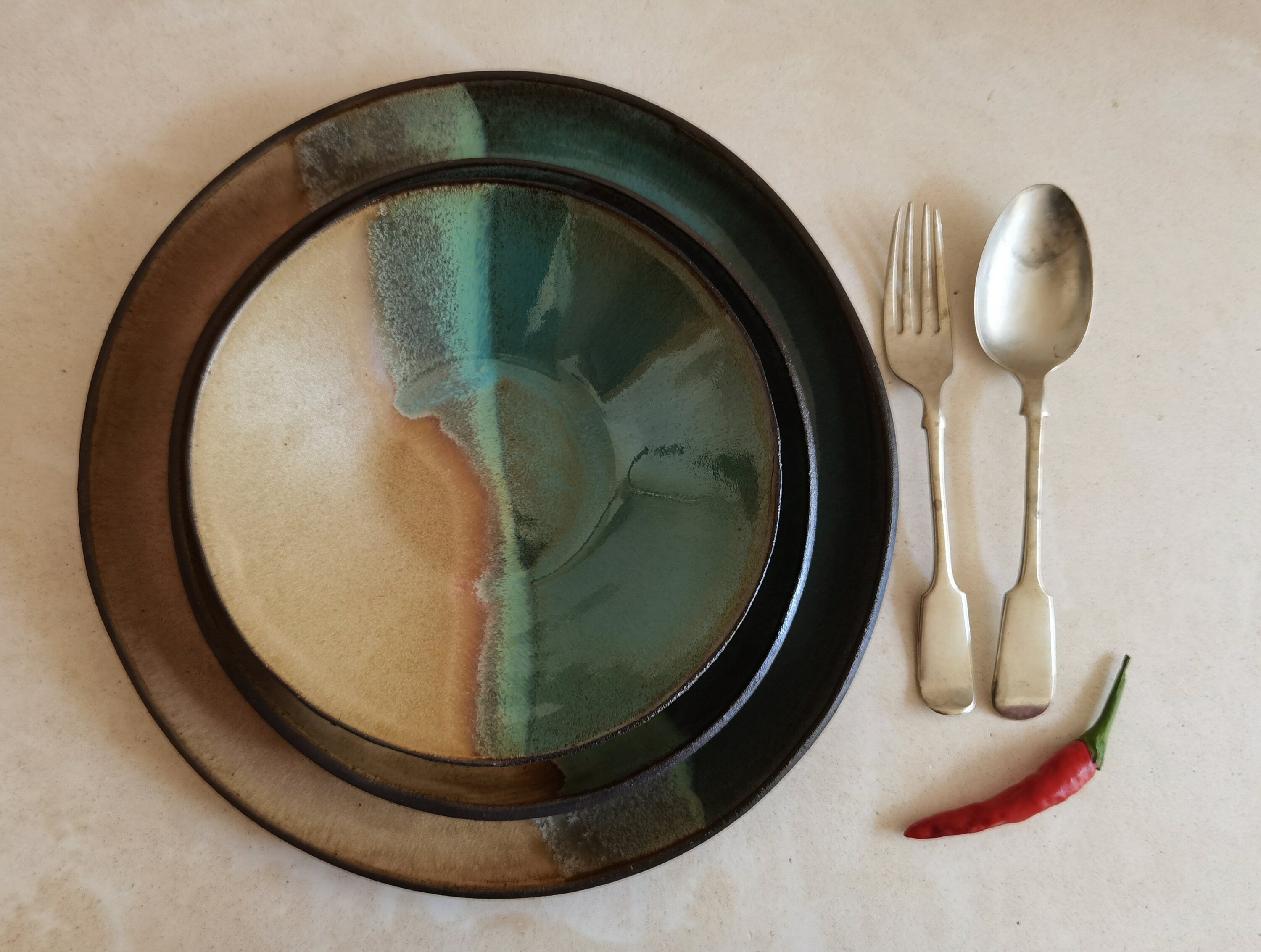 Handmade Ceramic Dinnerware Set: Turquoise & Brown Pottery