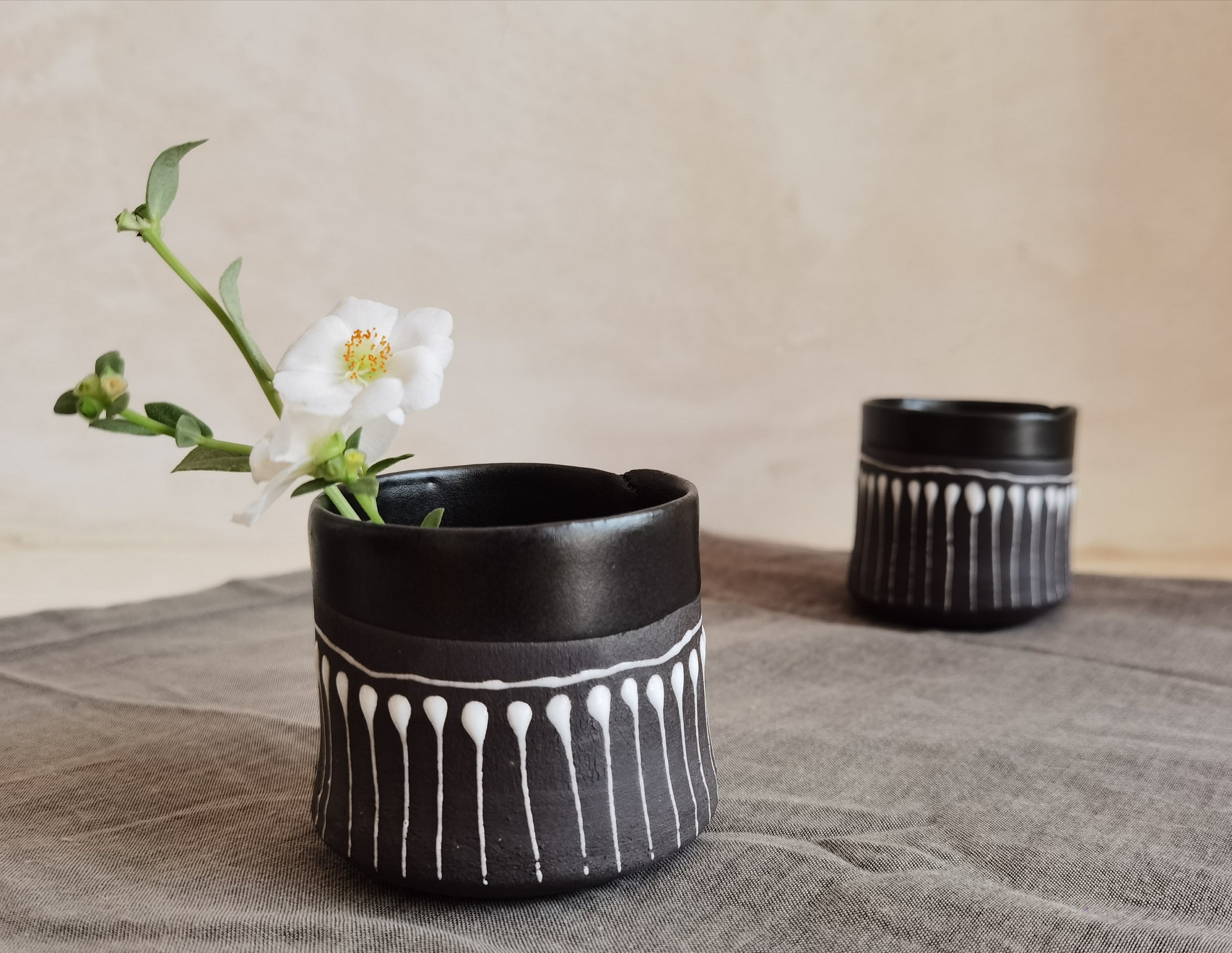 Handmade Black & White Ceramic Teapot Set with 2 Cups