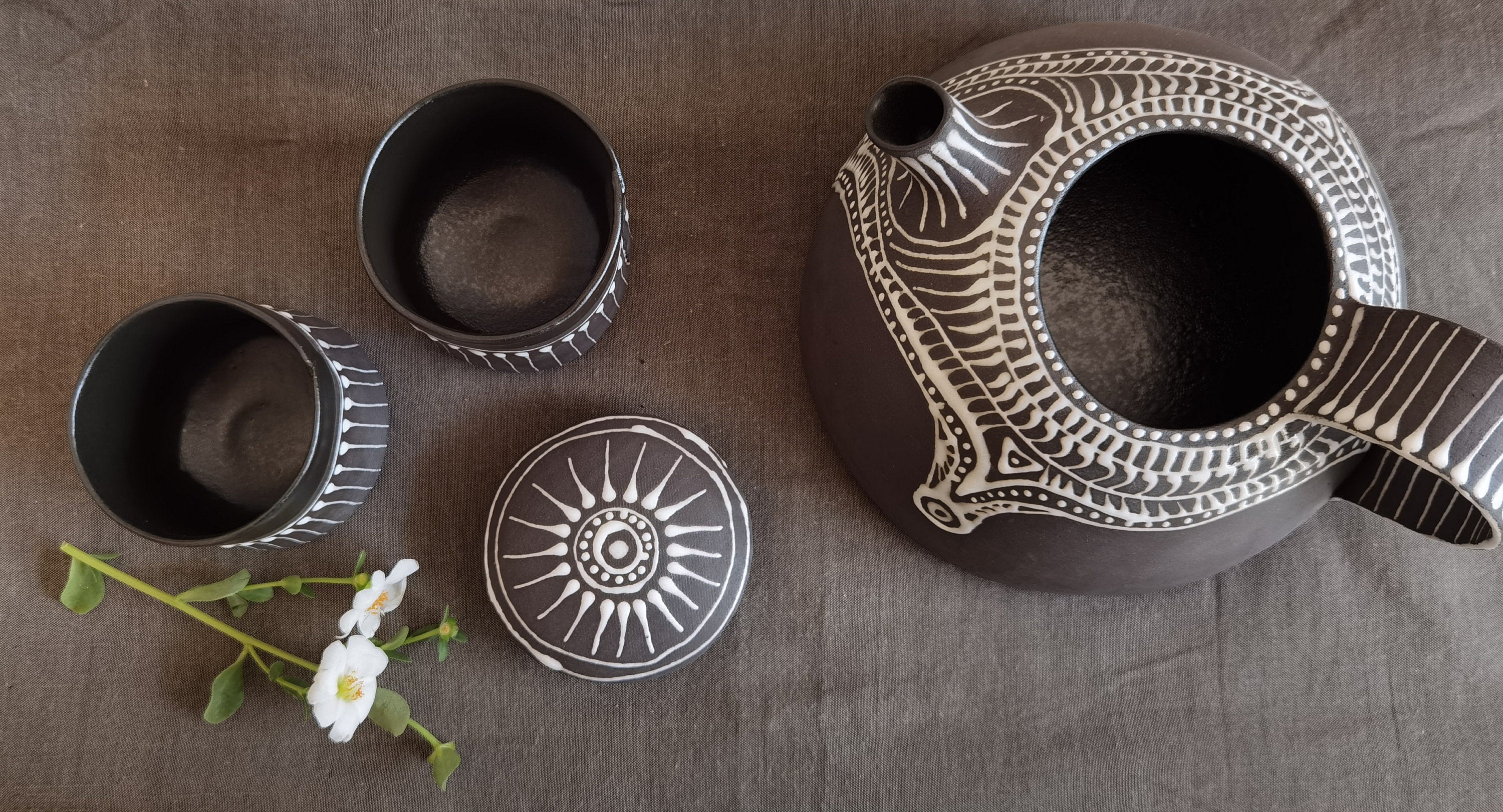 Handmade Black & White Ceramic Teapot Set with 2 Cups