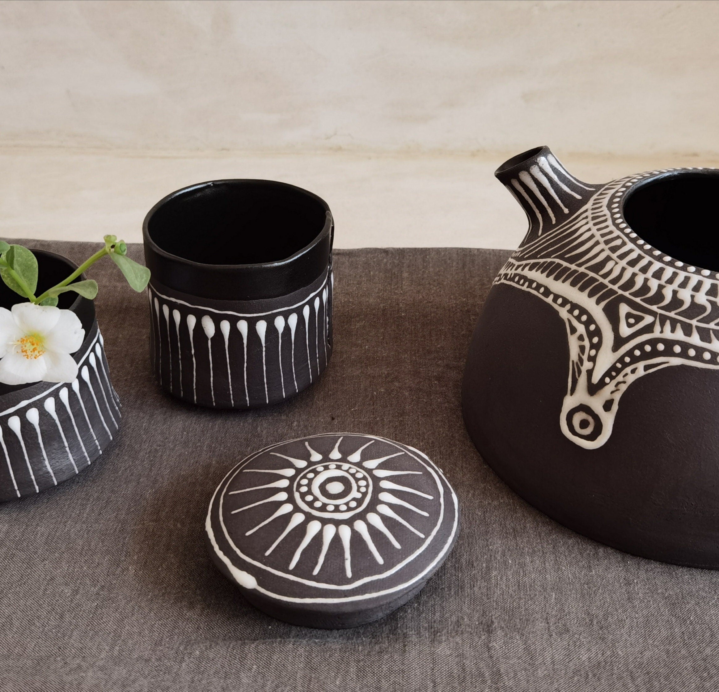 Handmade Black & White Ceramic Teapot Set with 2 Cups