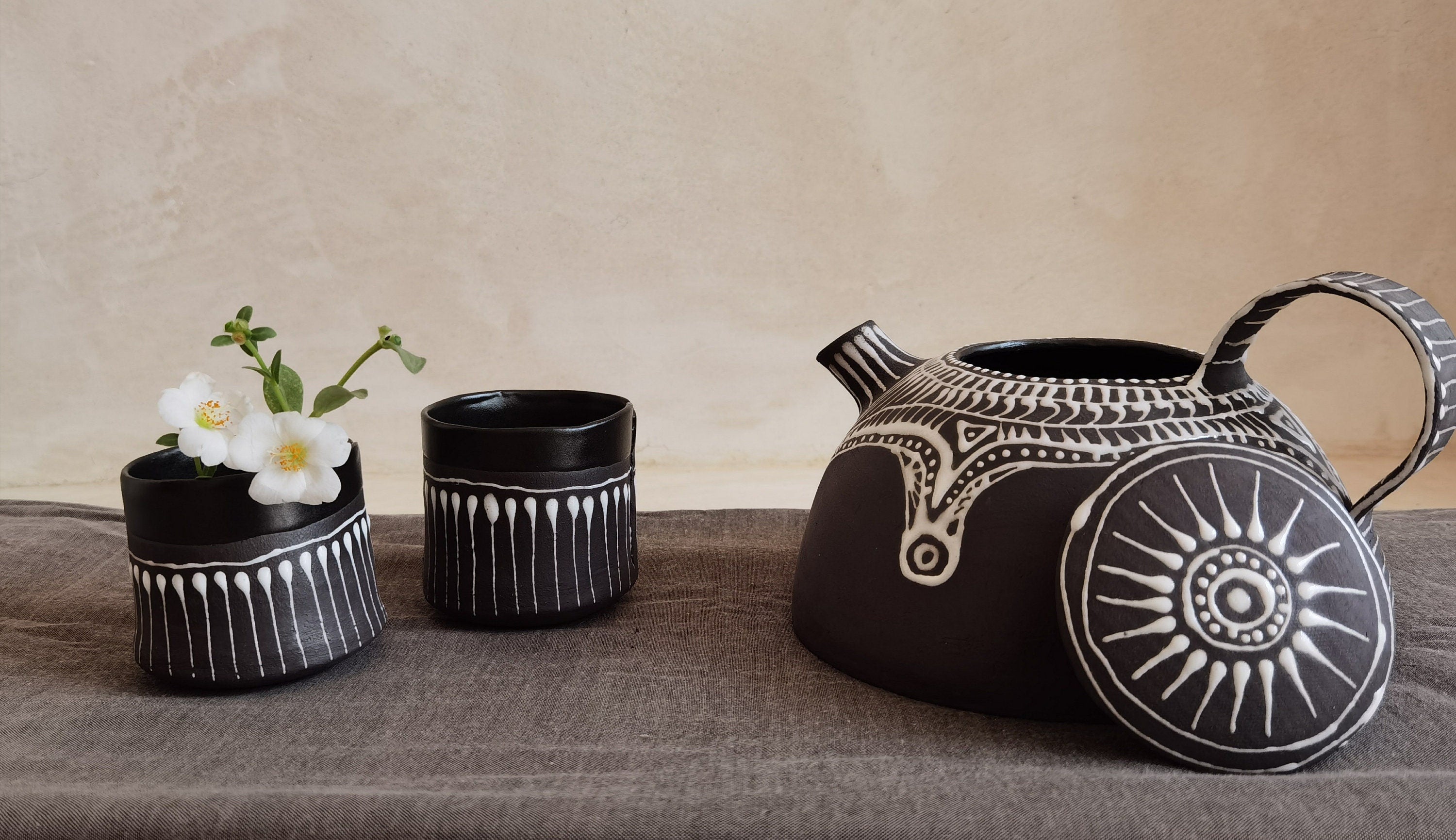 Handmade Black & White Ceramic Teapot Set with 2 Cups