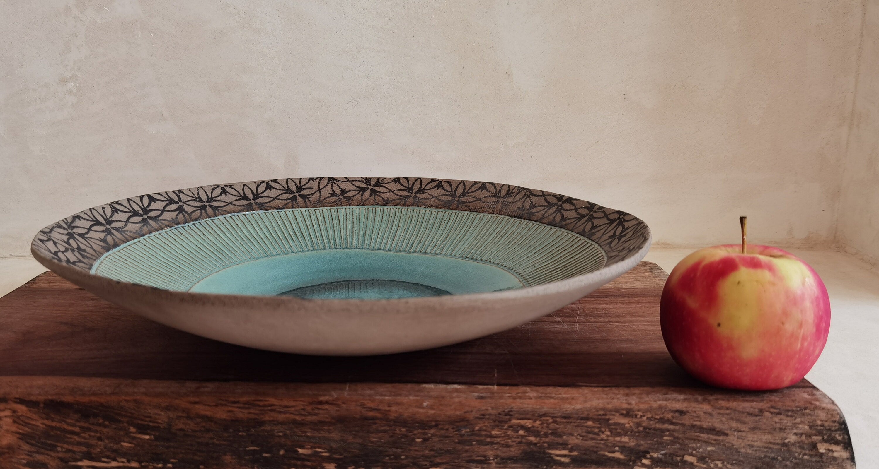 Large Turquoise Glaze Ceramic Bowl: Hand-Painted Serving Dish