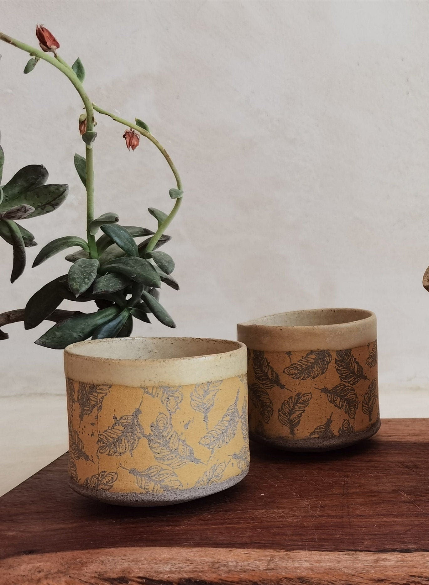 Handmade Ceramic Mug Set: Light Brown Pottery Tea Cups with Feather Print